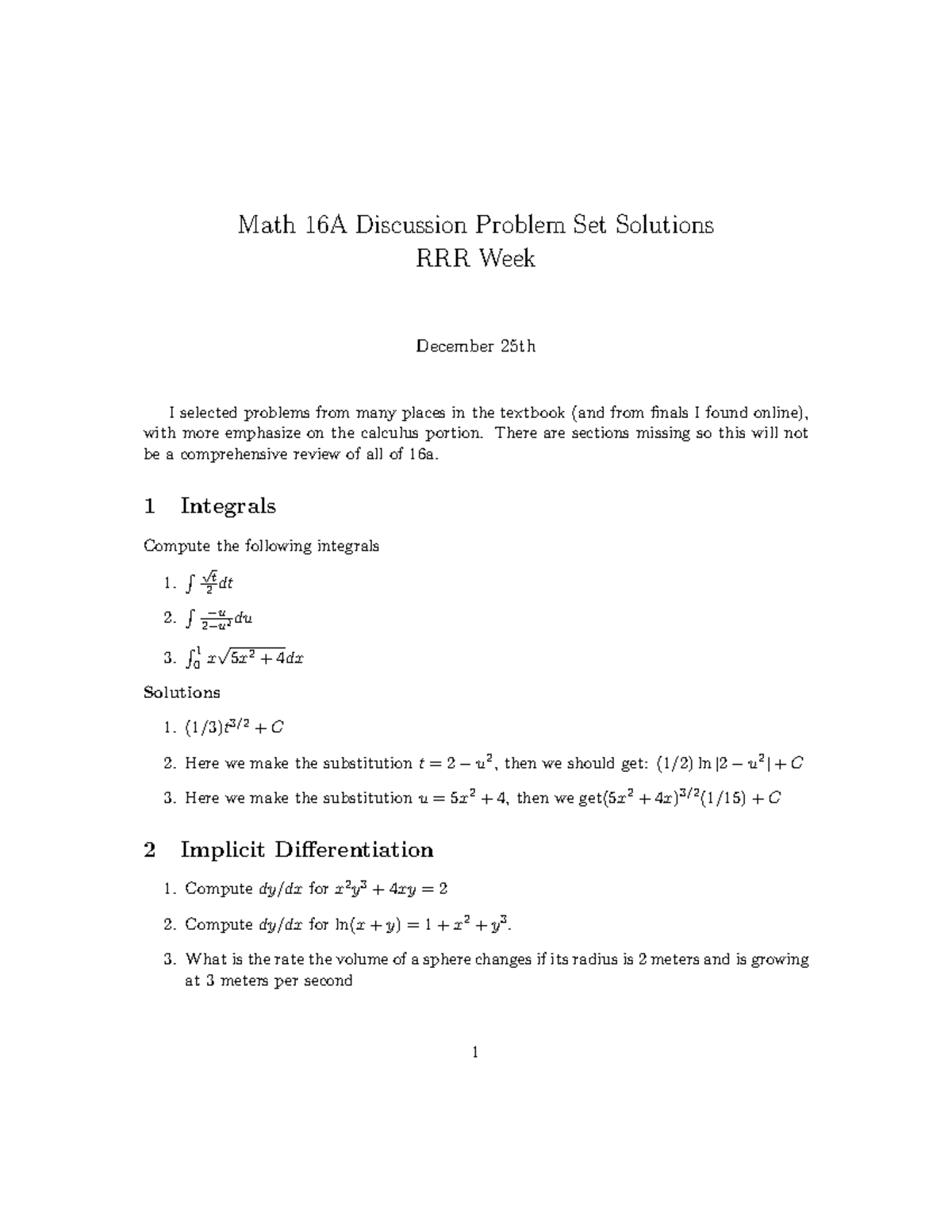 Math 16A Final Exam Study Guide: Discussion Problem Set Solutions - Studocu