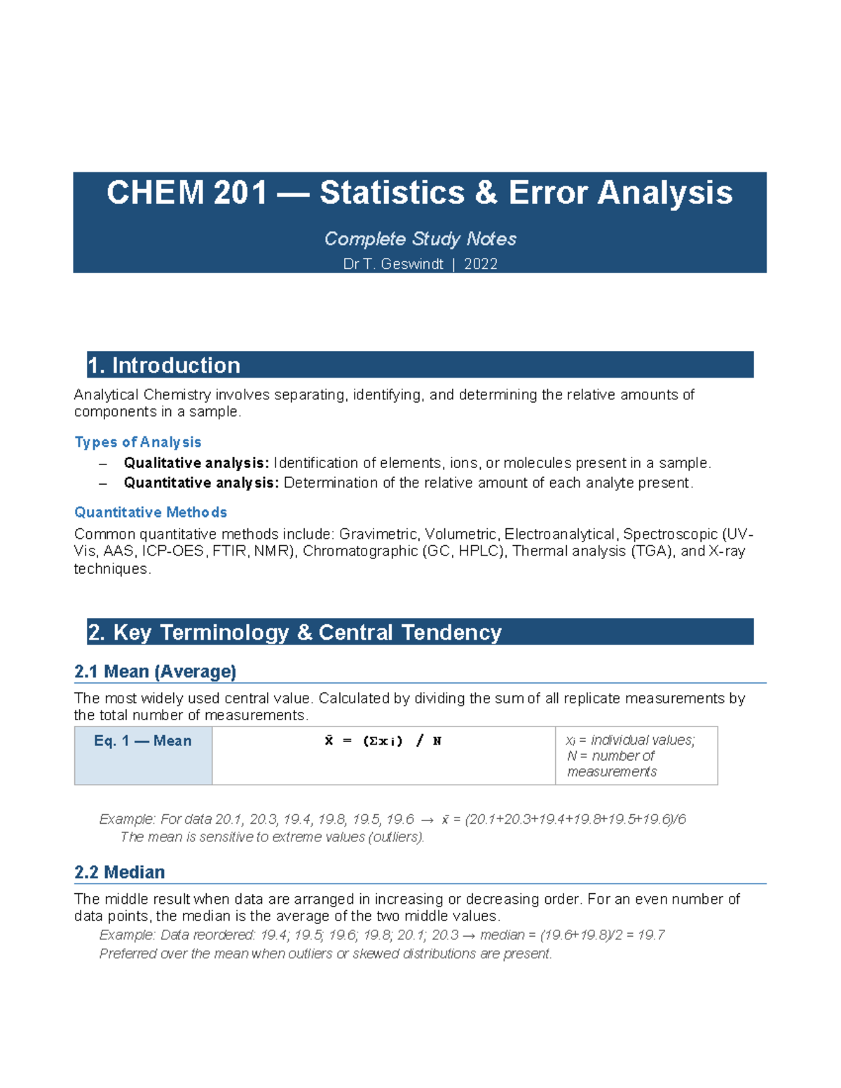 CHEM 201 Complete Error Analysis Study Notes for Final Exam - Studocu