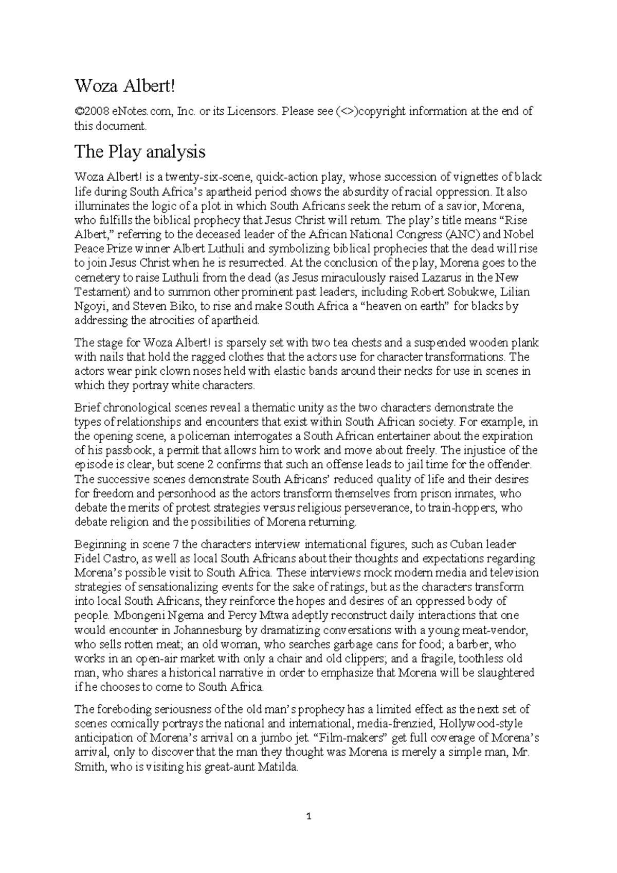 Woza Albert! Play Analysis Notes (Grade 12) - Studocu