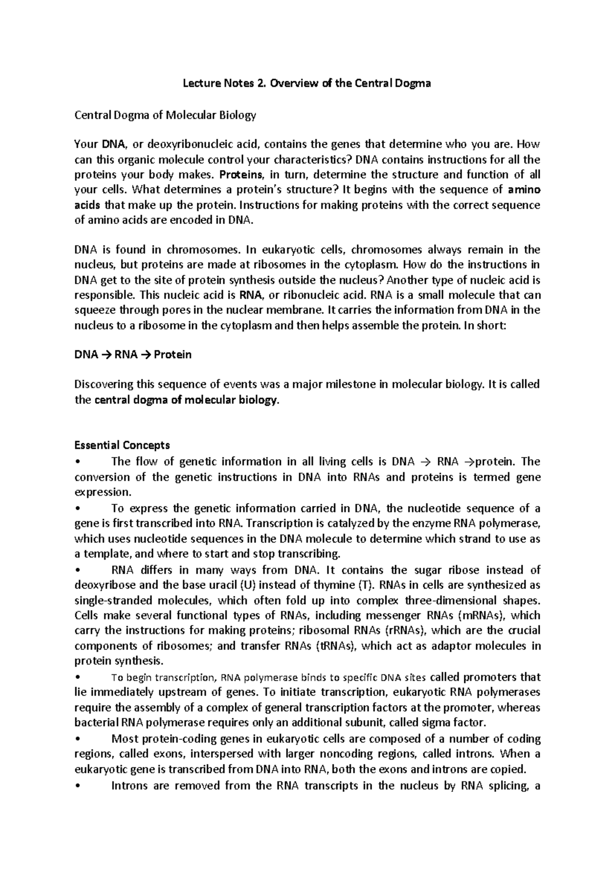 Lecture Notes 2. Overview of the Central Dogma - Lecture Notes 2 ...