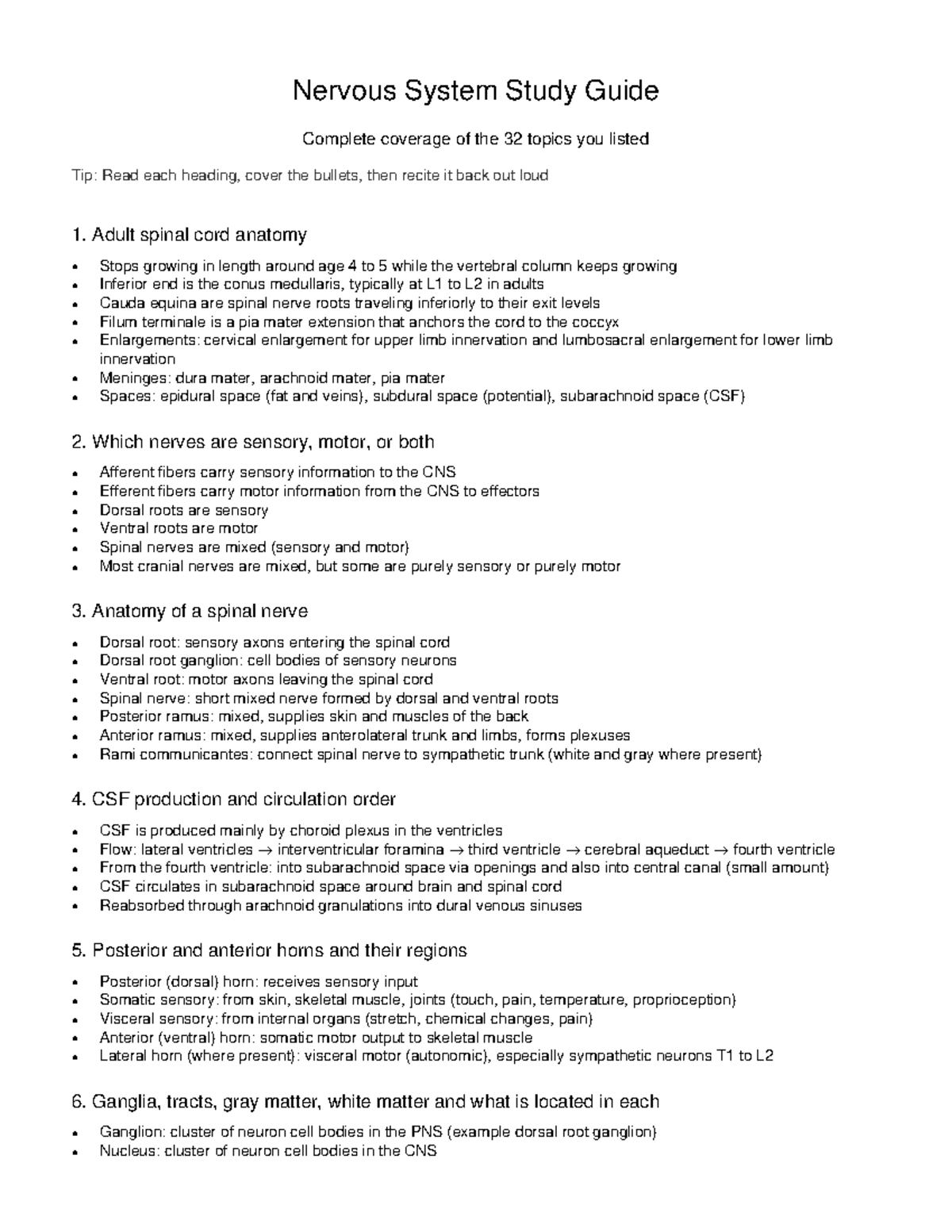Nervous System 32 Topics Complete Study Guide for Exam - Studocu
