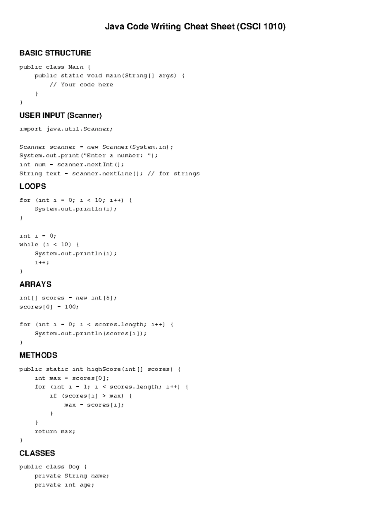 Java Concepts Cheat Sheet for Beginners (CSCI 1010) - Studocu