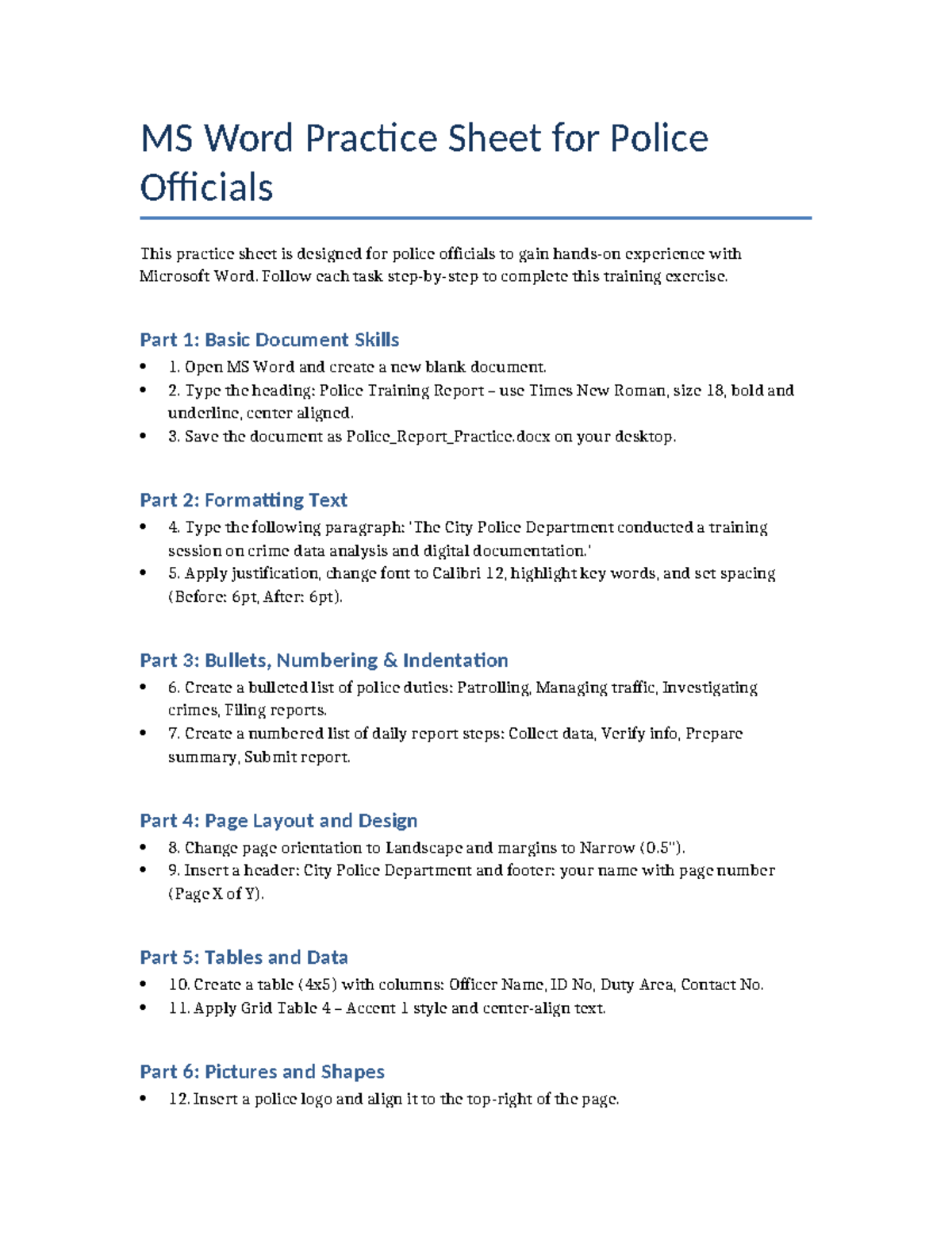 MS Word Training Sheet for Police Officials: Skills & Tasks - Studocu