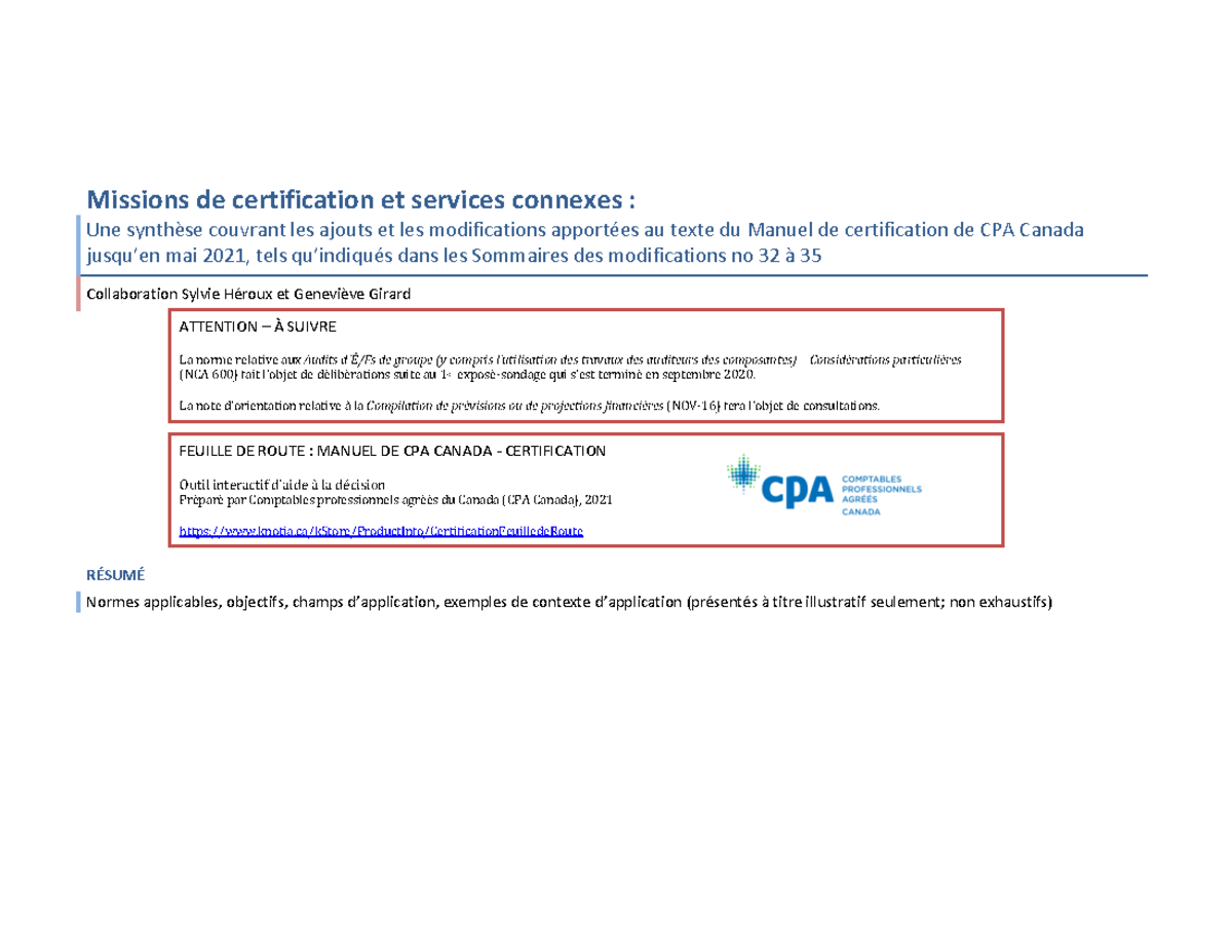 Missions de certification : Modifications du Manuel CPA Canada 2021 ...