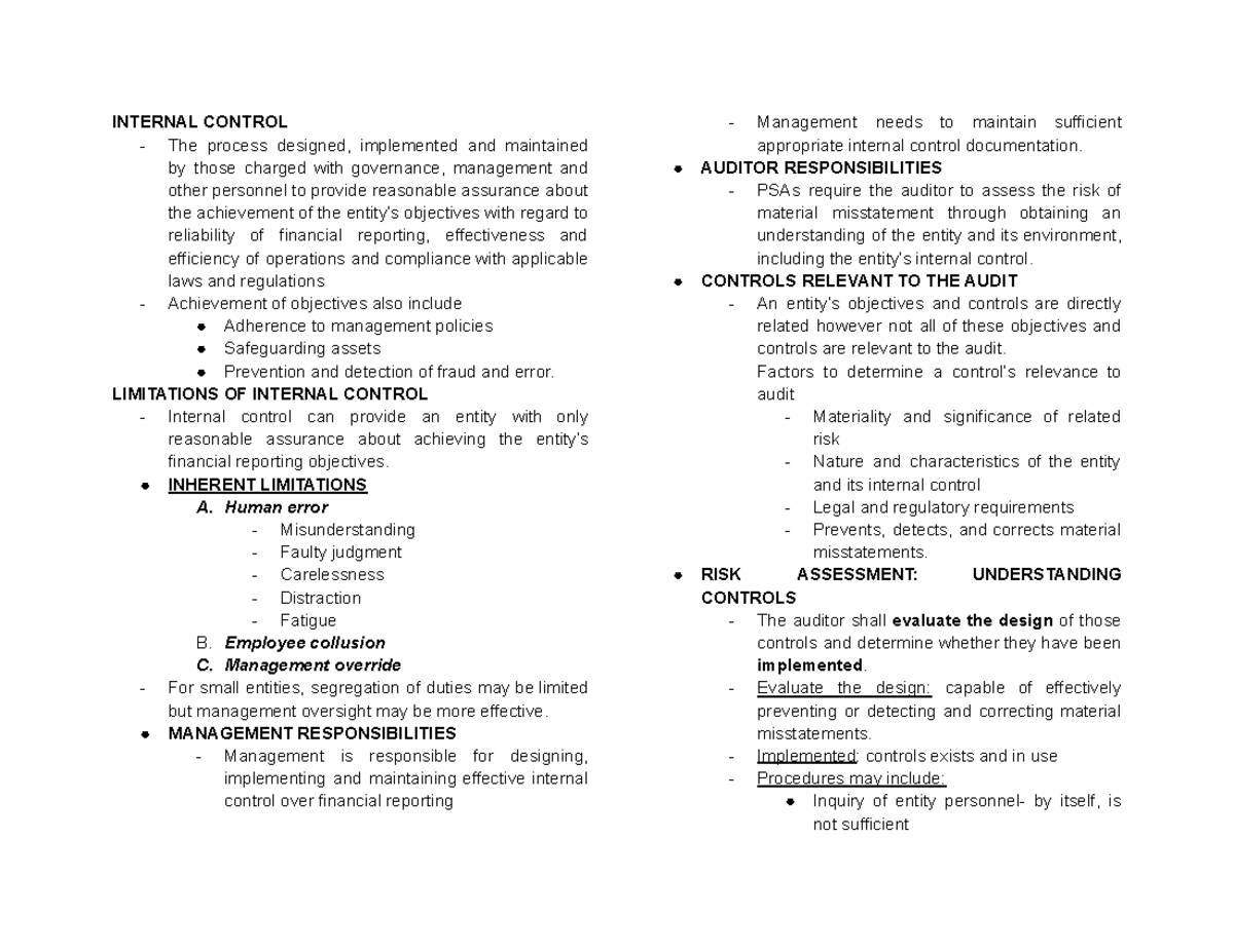 Internal Control Overview - Essential Notes for Audit Success - Studocu