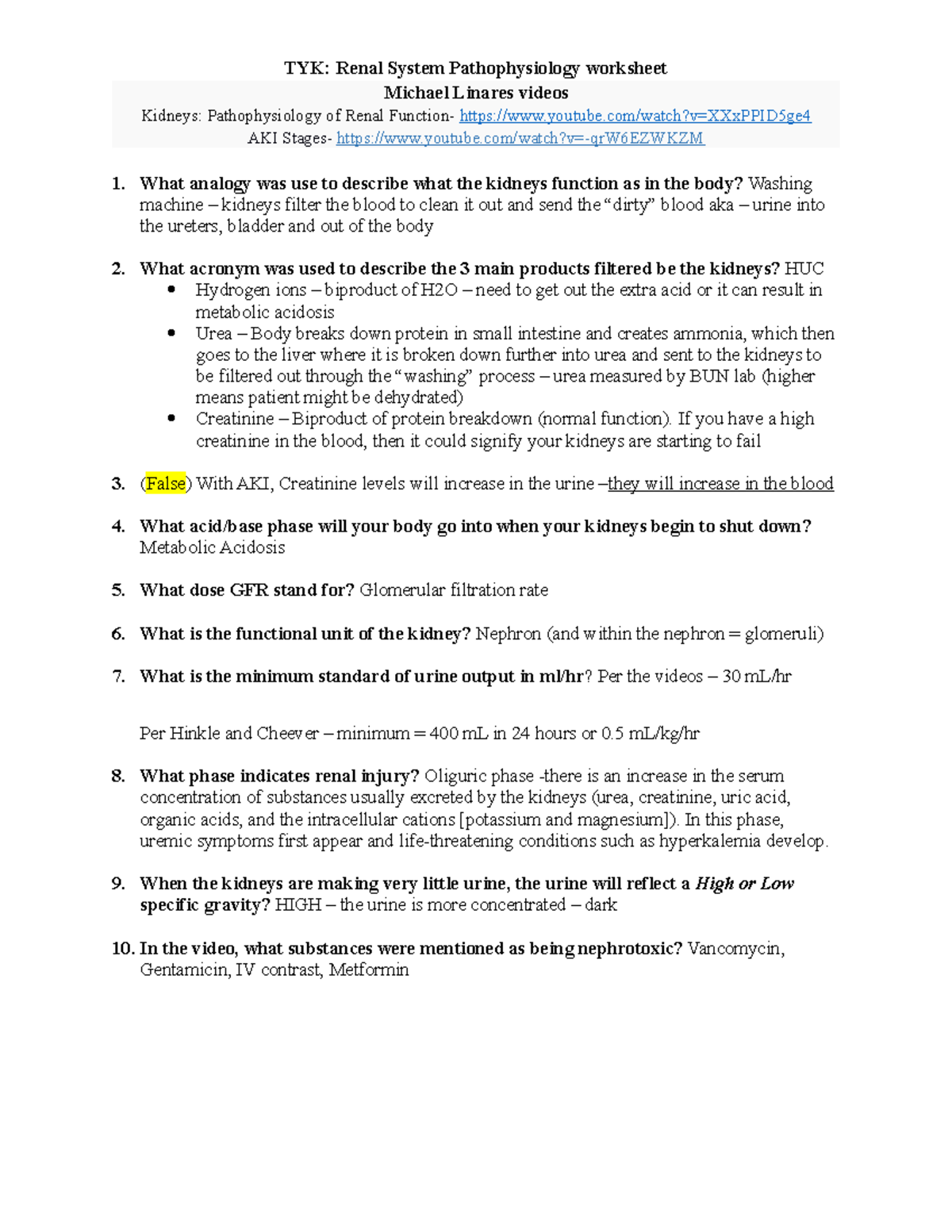 TYK Renal System Pathophysiology Homework Overview & Key Concepts - Studocu