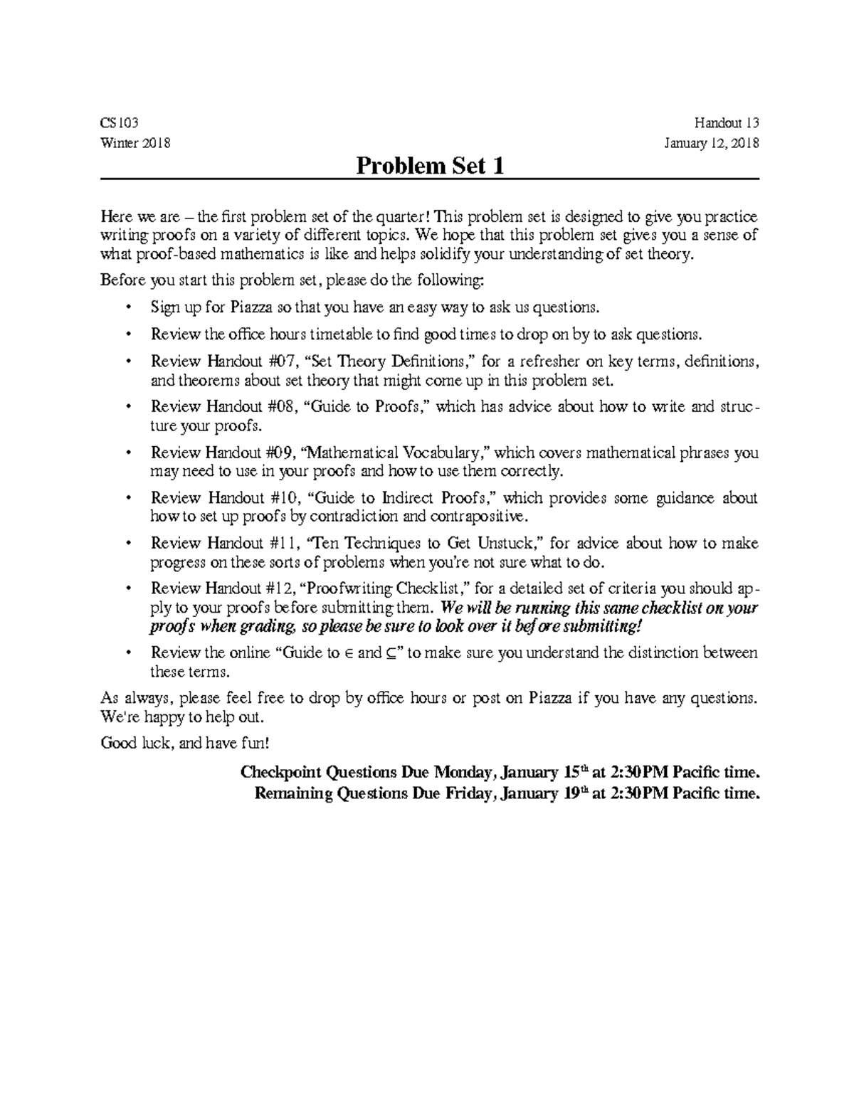 130 Problem Set 1 - CS103 Handout 13 Winter 2018 January 12, 2018 ...