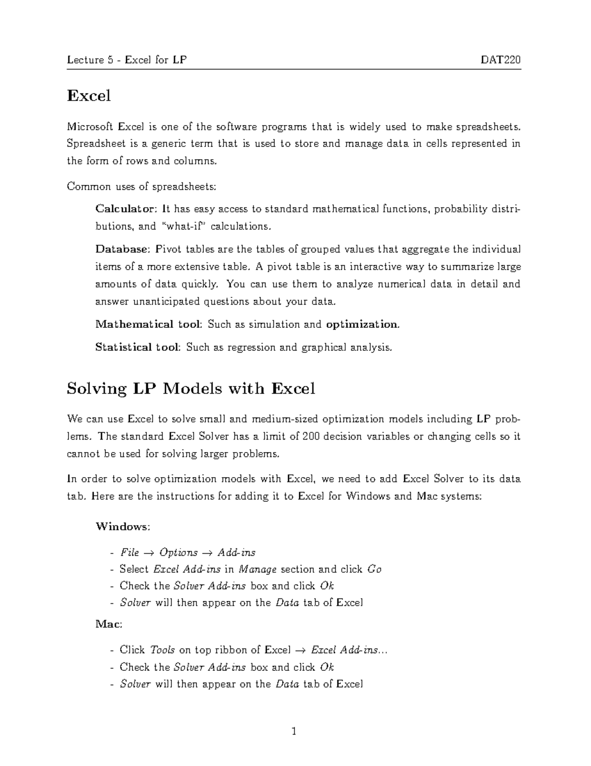 Lecture+5+-+Excel+for+LP+(Annotated) - Excel Microsoft Excel is one of ...
