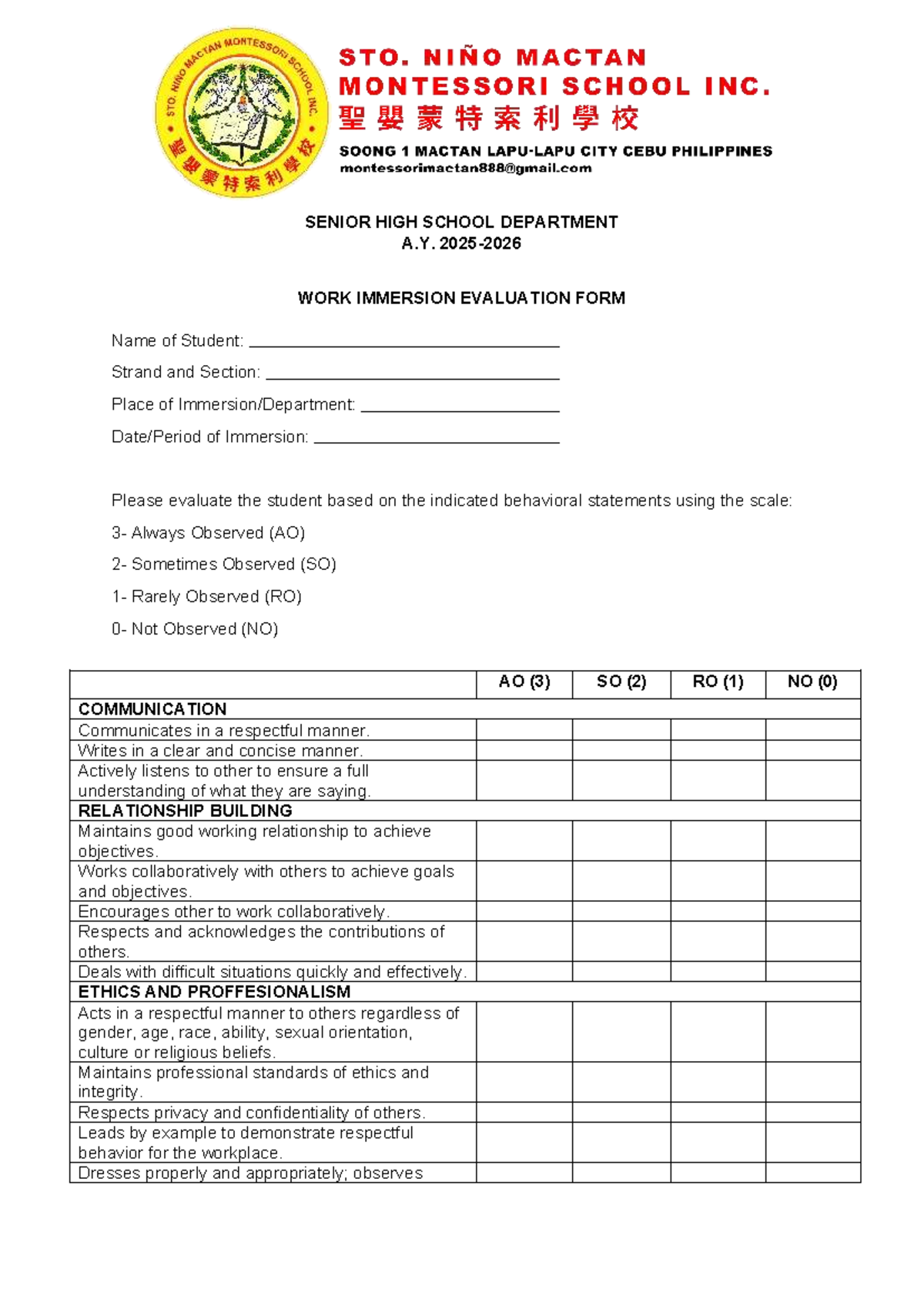 SENIOR HIGH SCHOOL WORK IMMERSION EVALUATION FORM A.Y. 2023-2024 - Studocu