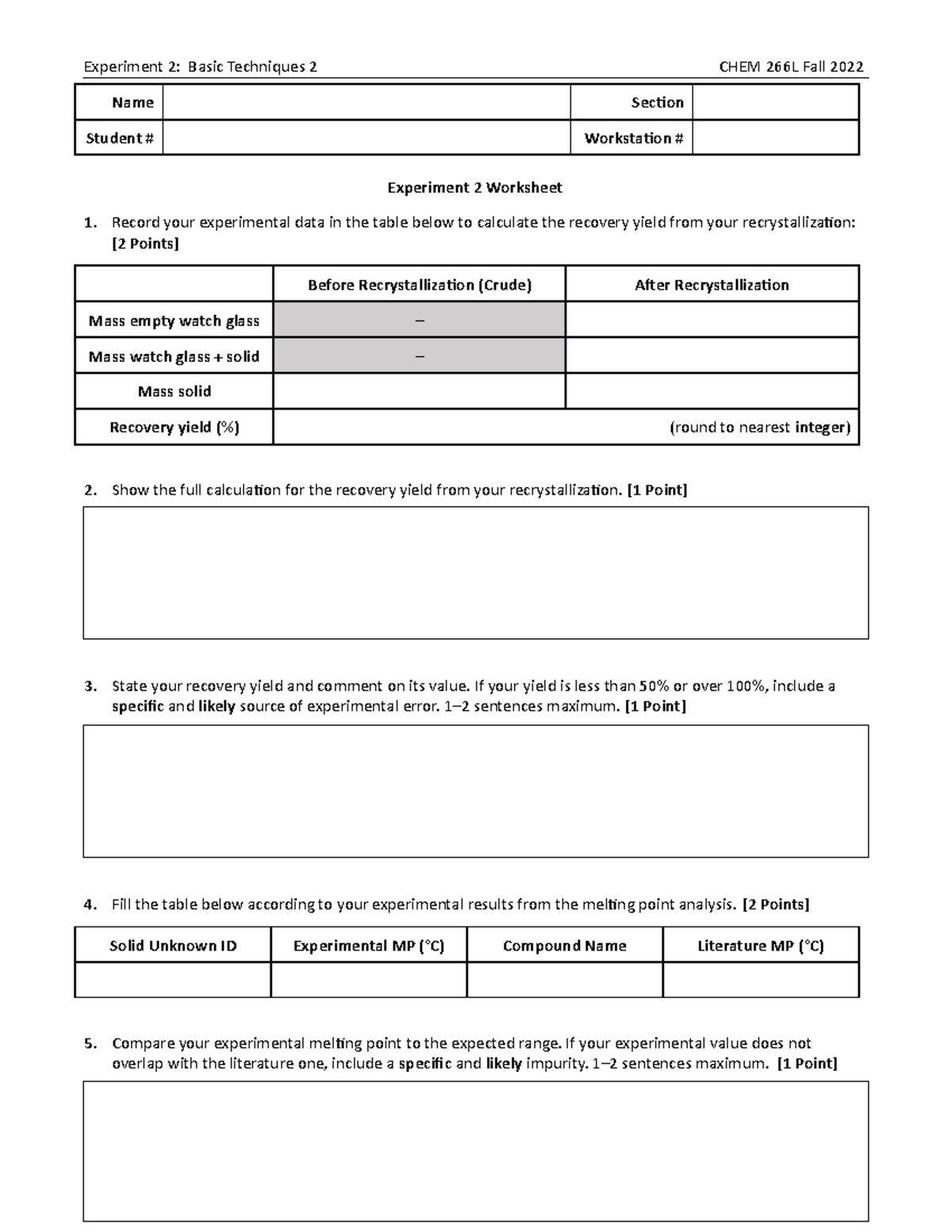 CHEM 266L F22 Experiment 2: Basic Techniques Worksheet - Studocu