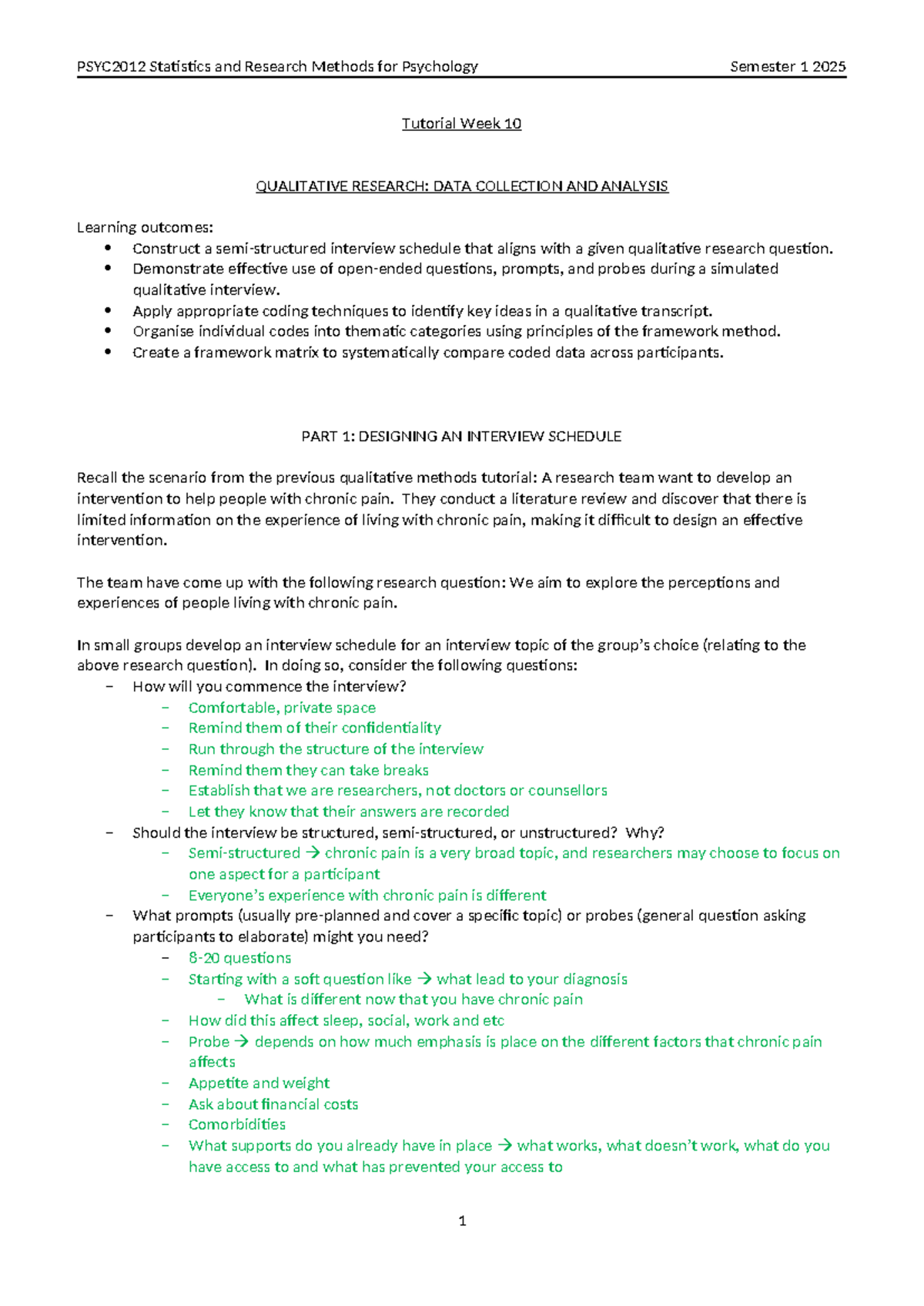 PSYC2012 Tutorial Week 10: Qualitative Research Methods & Data Analysis ...