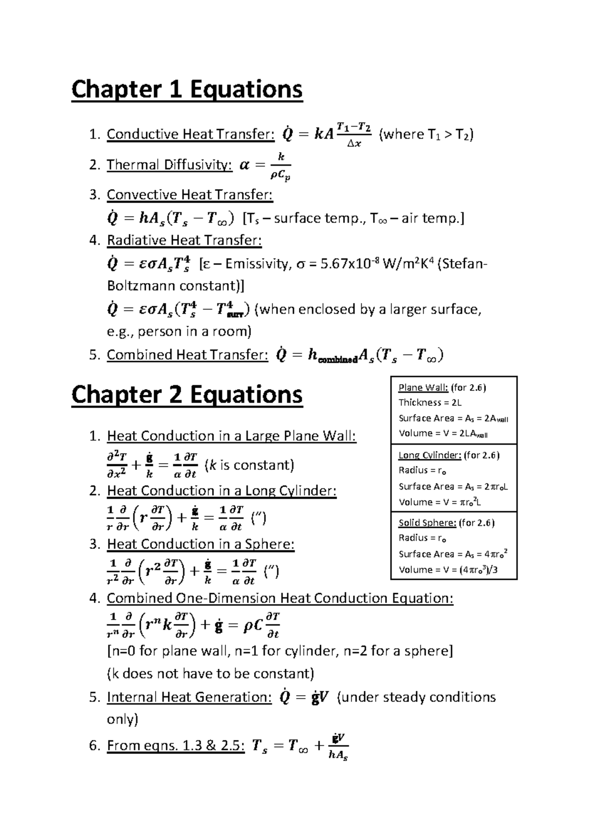 HMT Equations and Calculations for Chapters 1 and 2 - mskmkdm - Studocu