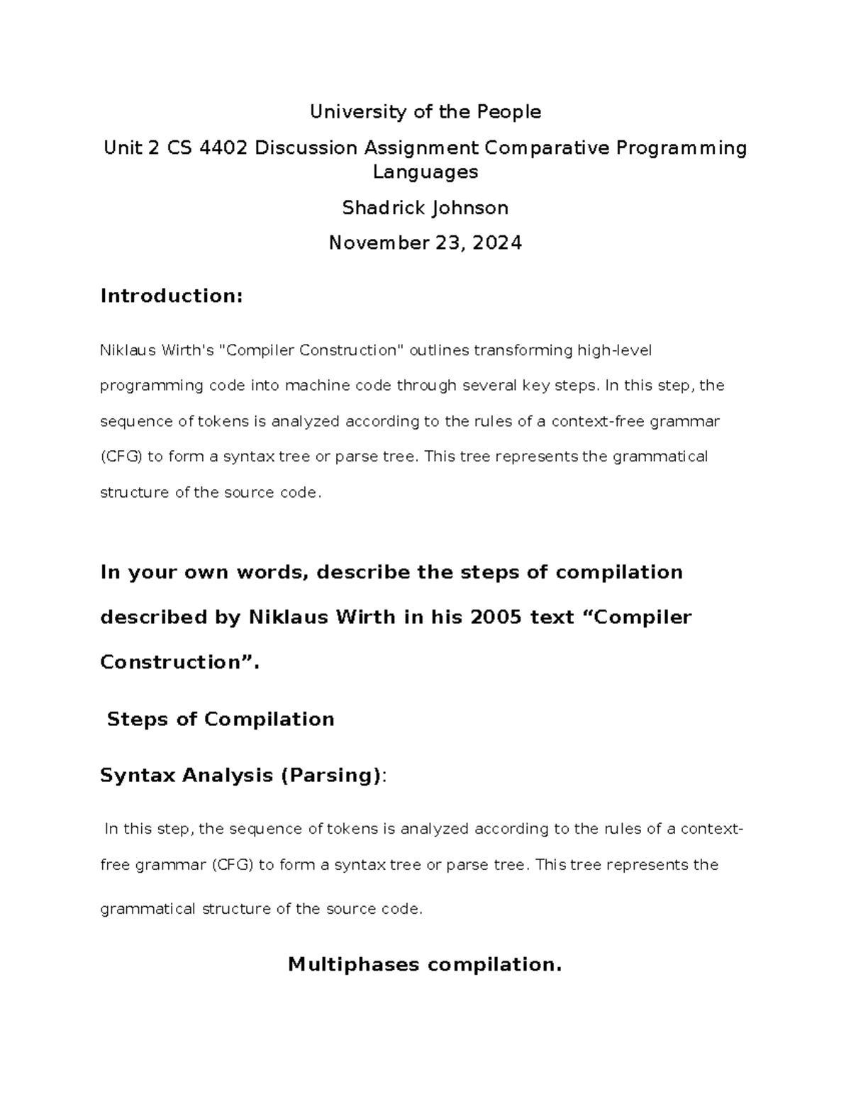 CS 4402 Comparative Programming Unit 2 Discussion Post Final ...