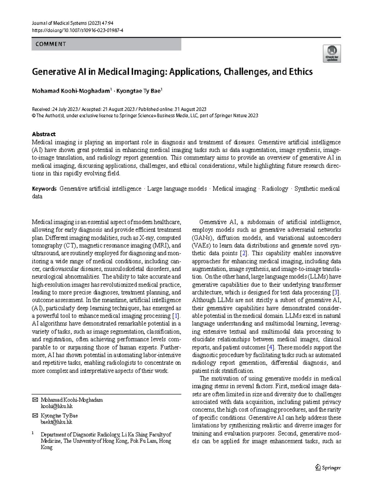 Generative AI in Medical Imaging: Applications, Challenges & Ethics ...