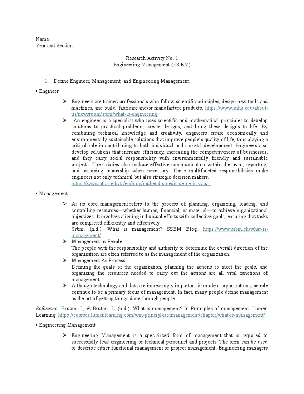 Research Activity No. 1: Understanding Engineering Management (ES EM ...