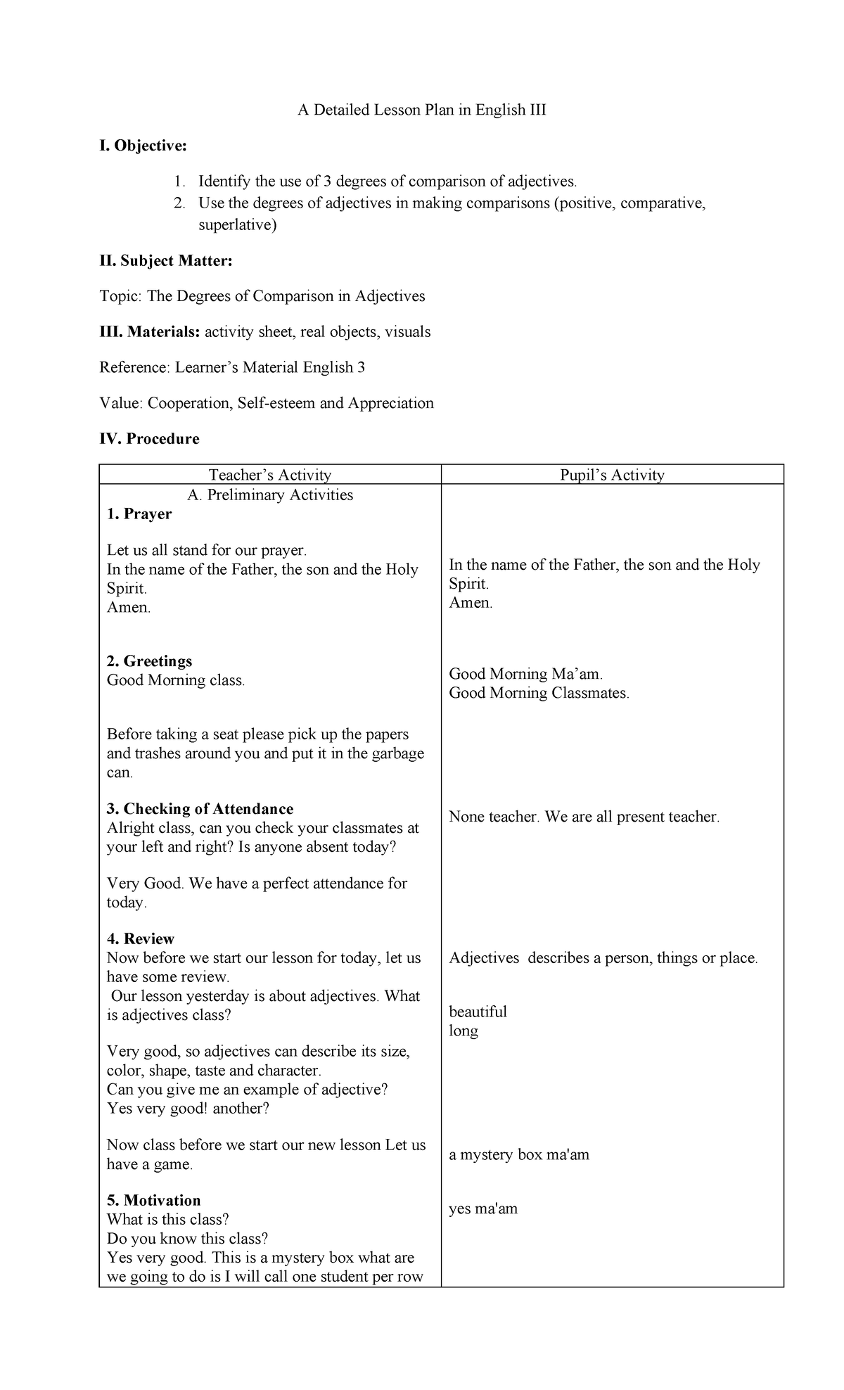 A Comprehensive Lesson Plan on Adjectives: English 3 - Studocu
