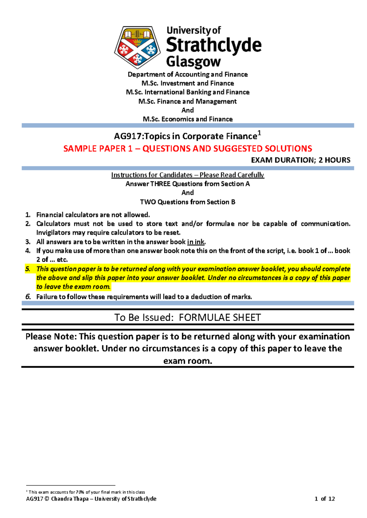 AG917: Sample Paper 1 - Topics in Corporate Finance Exam Questions ...