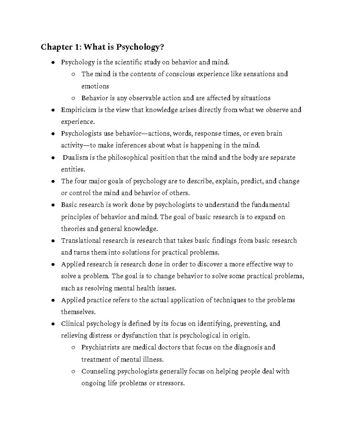 Psych notes - Chapter 1: What is Psychology? Psychology is the ...