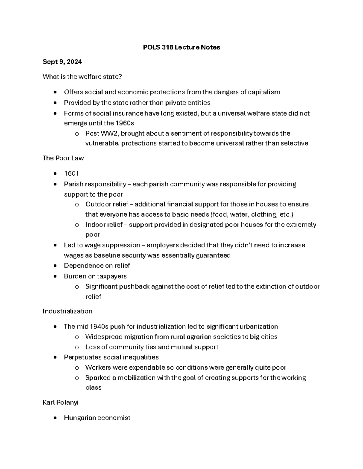 POLS 318 Lecture Notes: The Development and Impact of the Welfare State ...
