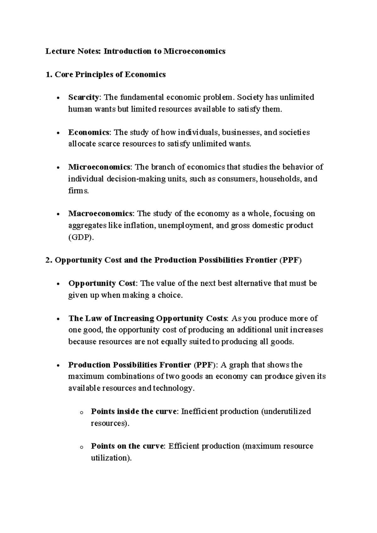 Lecture Notes: Microeconomics 1 - Core Economic Principles - Studocu