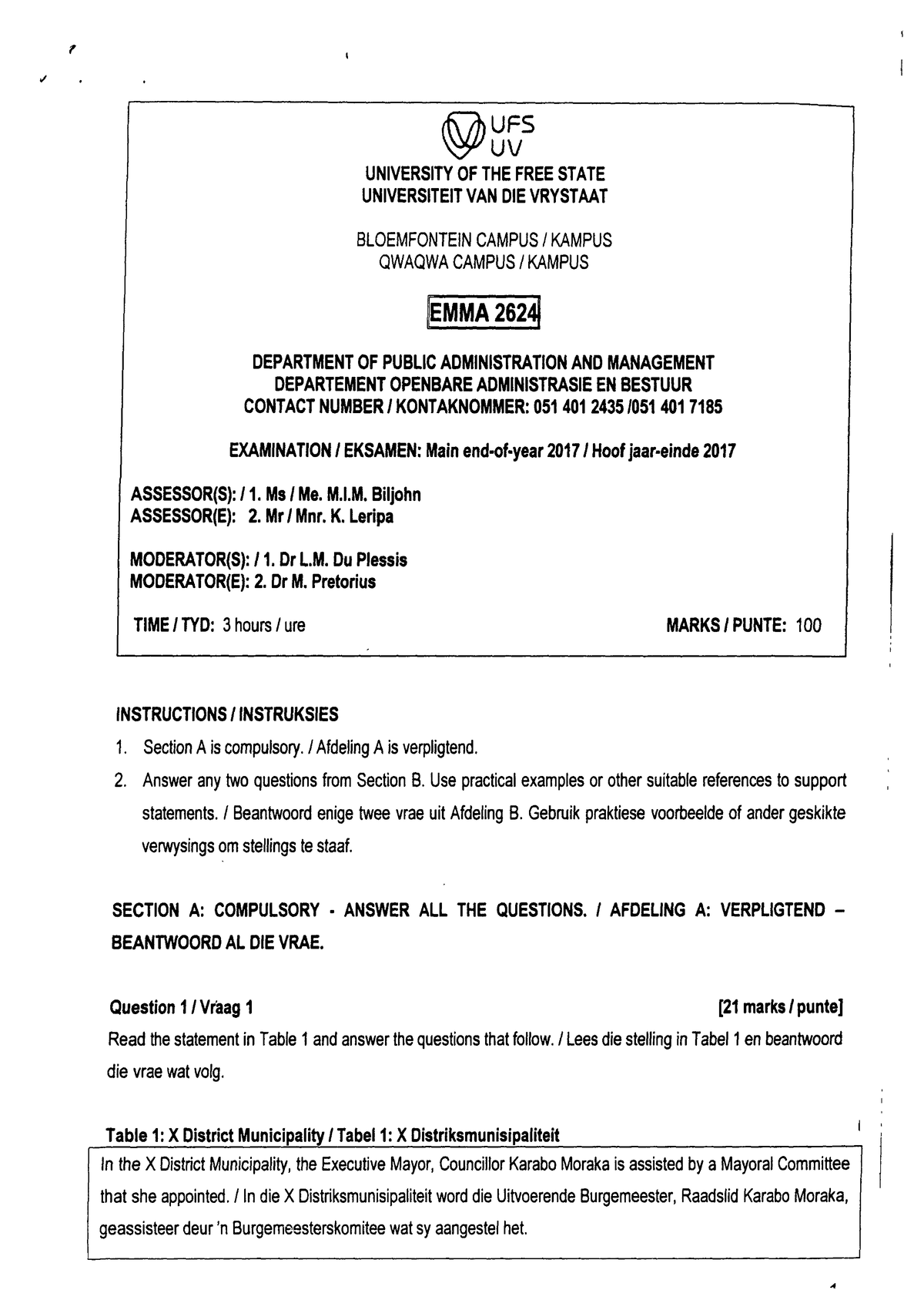 UFS 2624 Public Administration & Management Main Exam Paper 2017 - Studocu