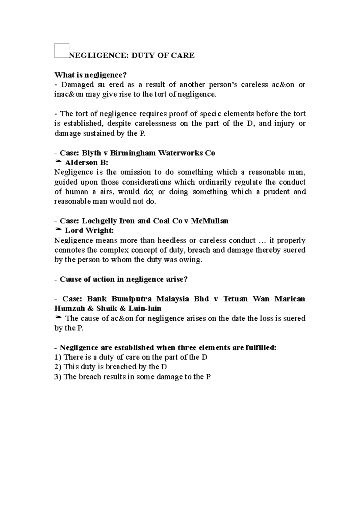 Tort Law - Negligence and Duty of Care Lecture Notes 1 - Studocu