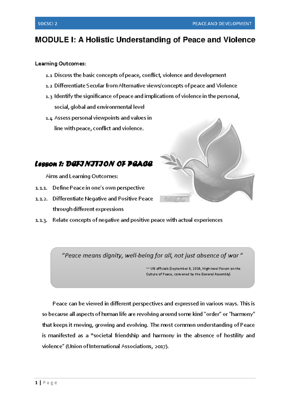 MODULE I: Understanding Peace and Violence - Insights and Reflections ...