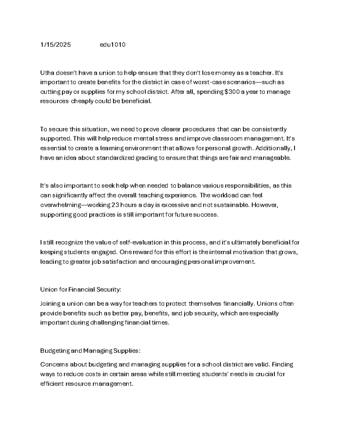 Edu 1010 - Strategies for Financial Security in Teaching - Studocu