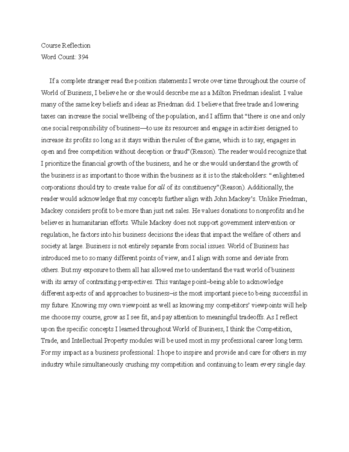 Reflection - Course Reflection Word Count: 394 If a complete stranger ...