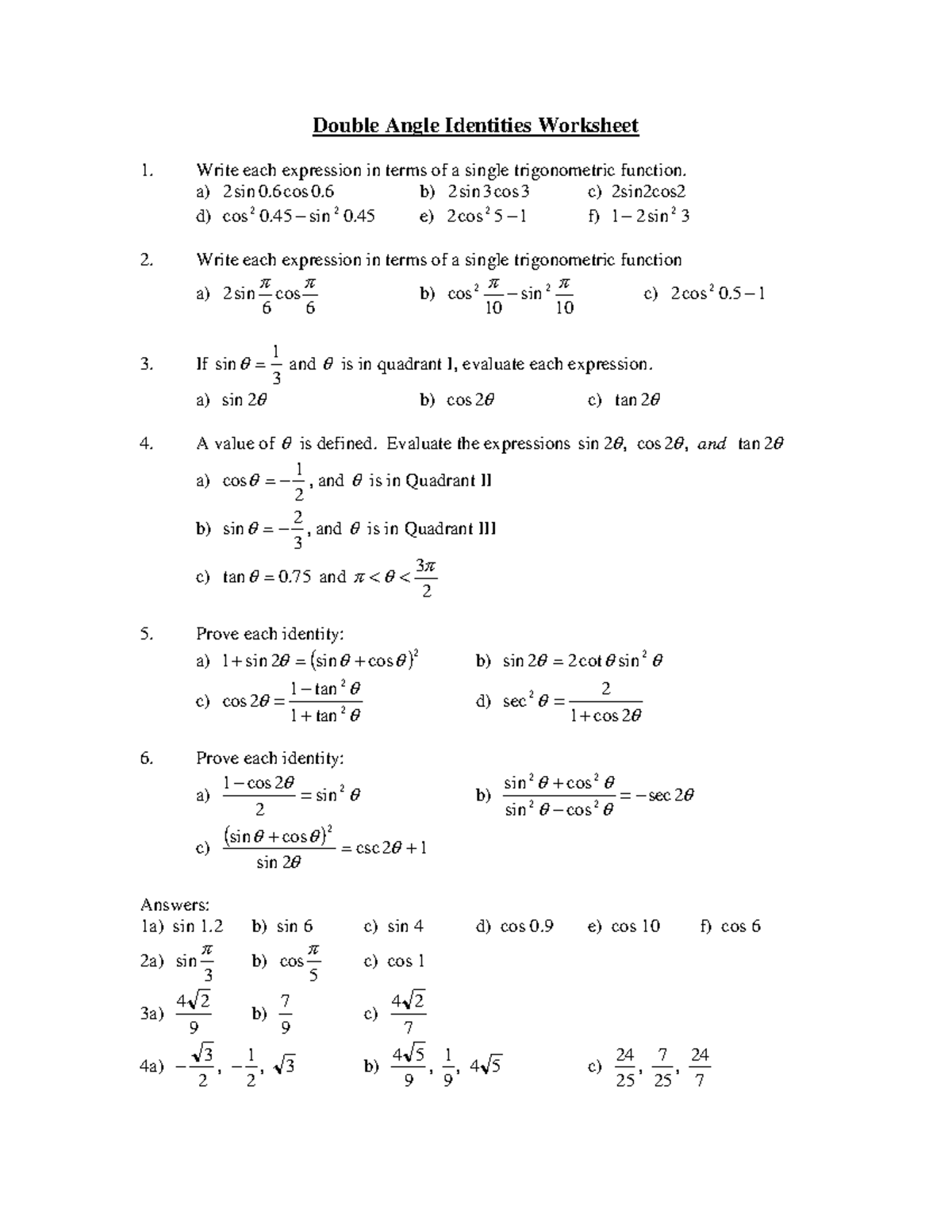 Double Angle Identities Worksheet 1: Trigonometric Functions - Studocu