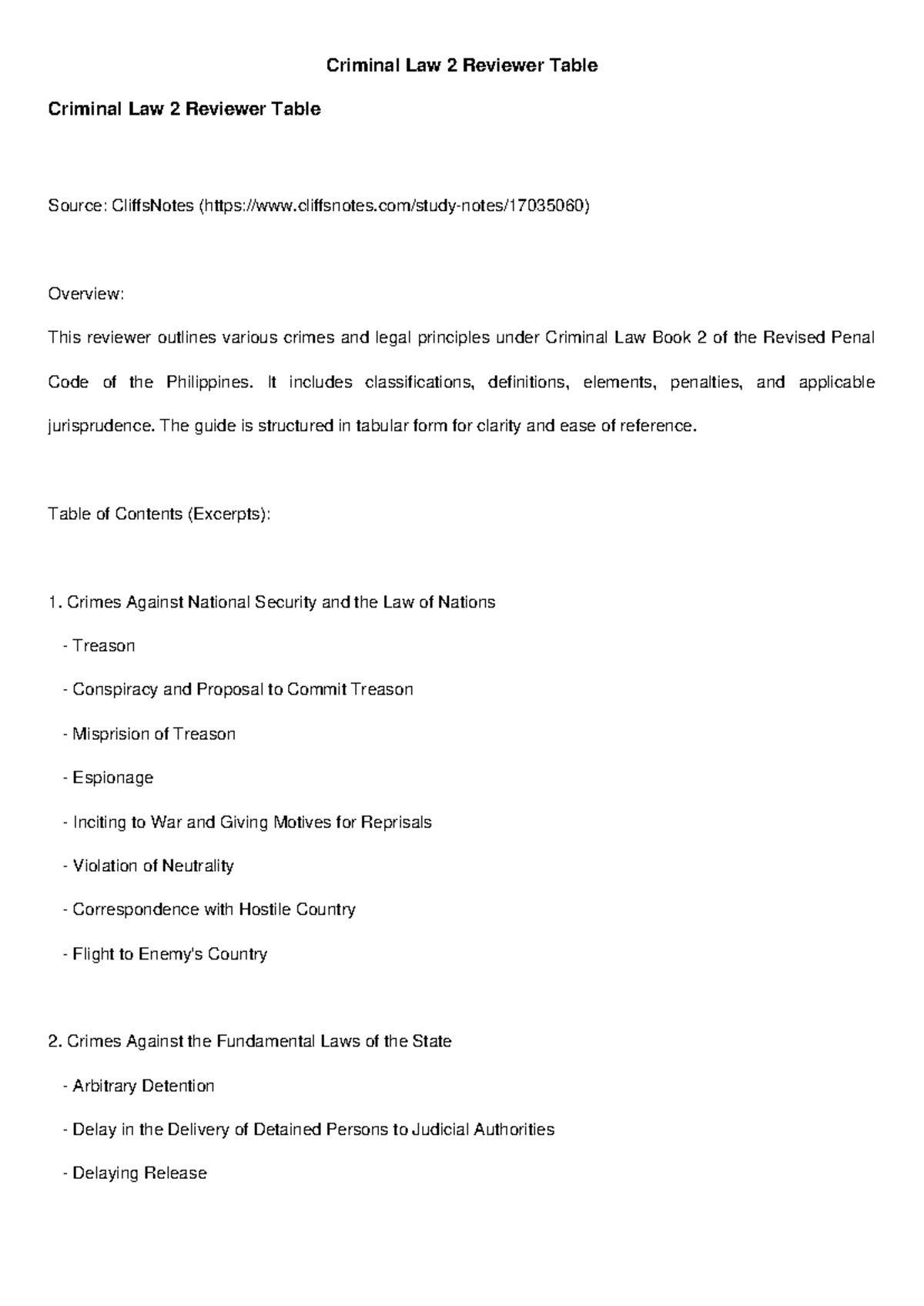 Criminal Law 2: Comprehensive Reviewer Table on Crimes and Principles ...