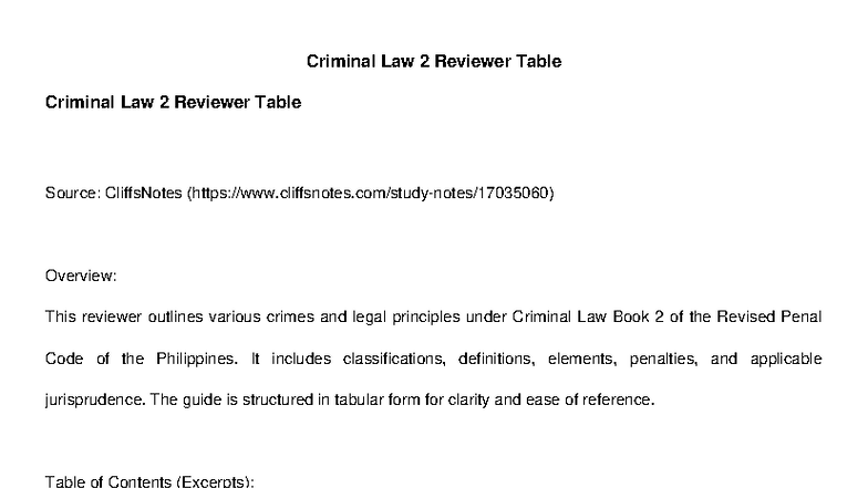 Criminal Law 2: Comprehensive Reviewer Table on Crimes and Principles ...