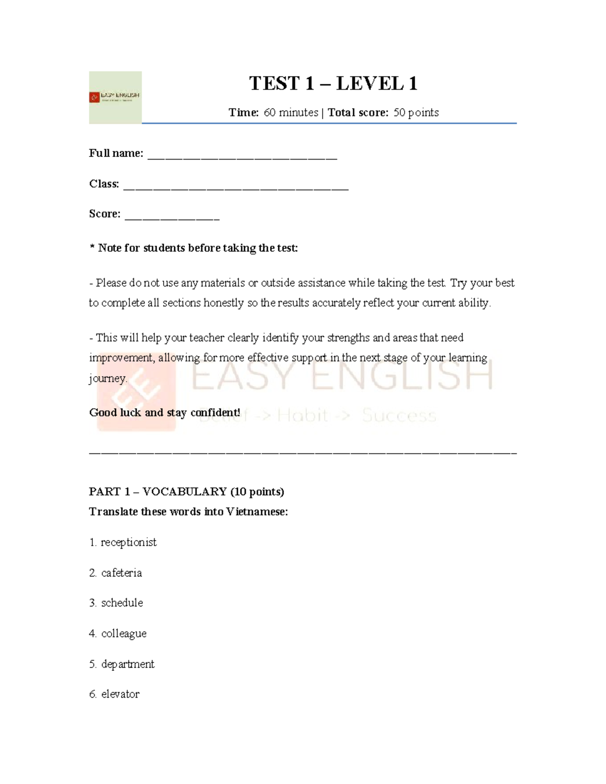 TEST 1 - Level 1 - Vocabulary, Grammar & Writing Assessment - Studocu
