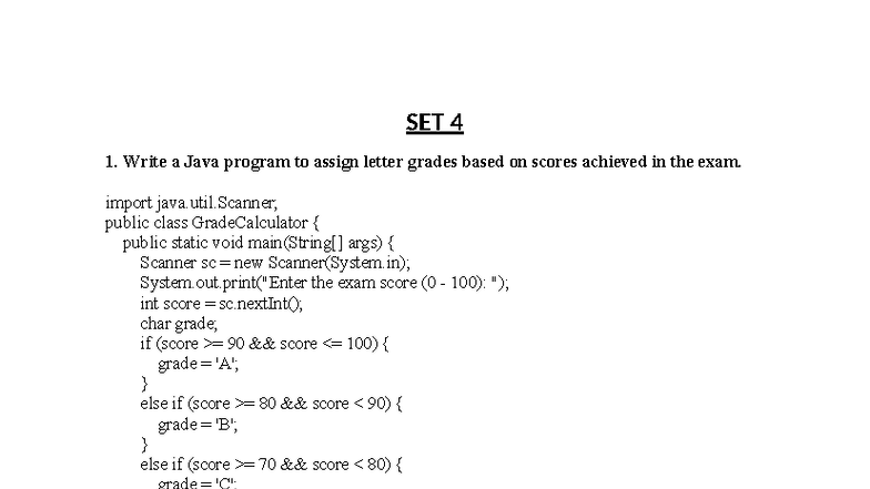 SET 4 - Java Programming: Grade Calculation & Polymorphism - Studocu
