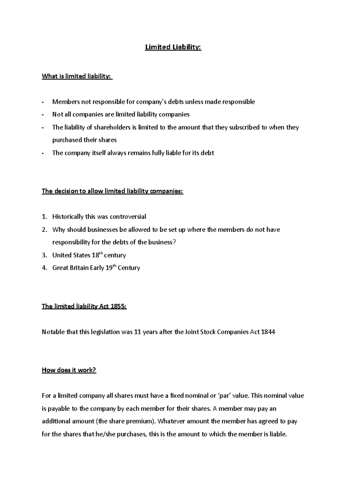 Limited Liability Overview: Concepts and Legal Framework - Studocu