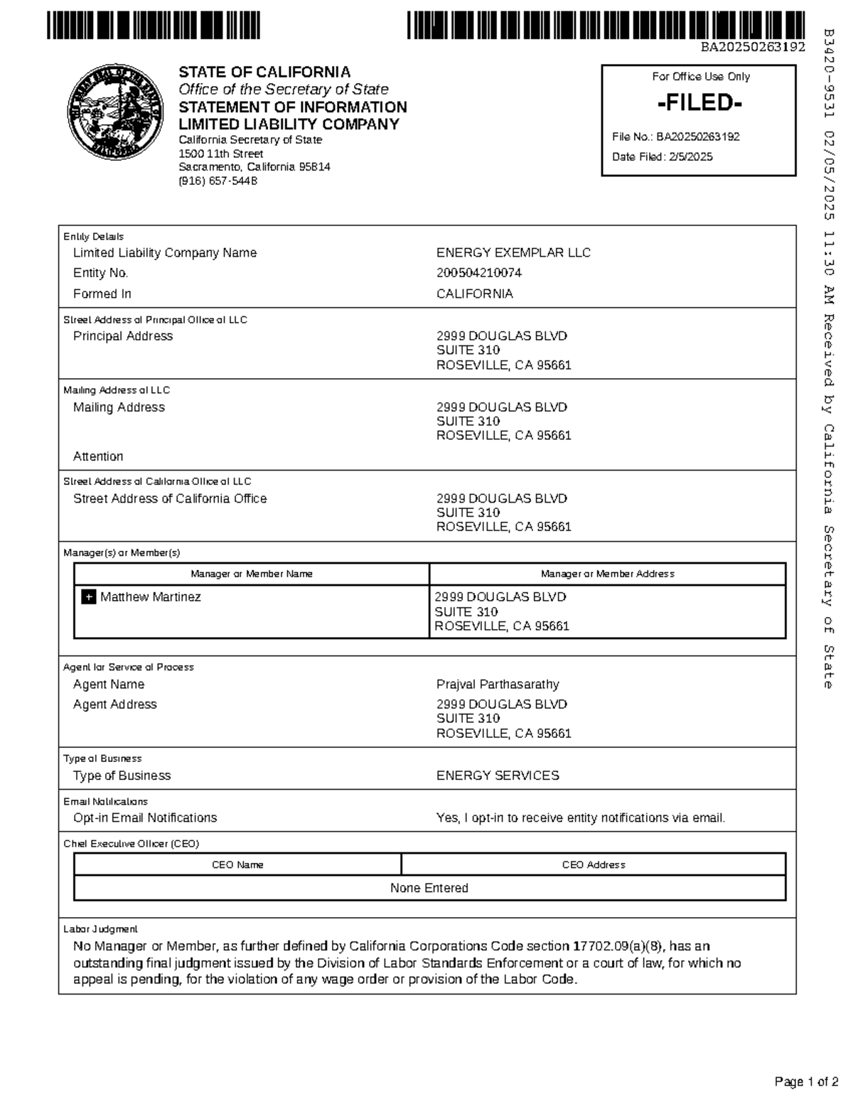 B3420-9531 - Statement of Information for ENERGY EXEMPLAR LLC - Studocu