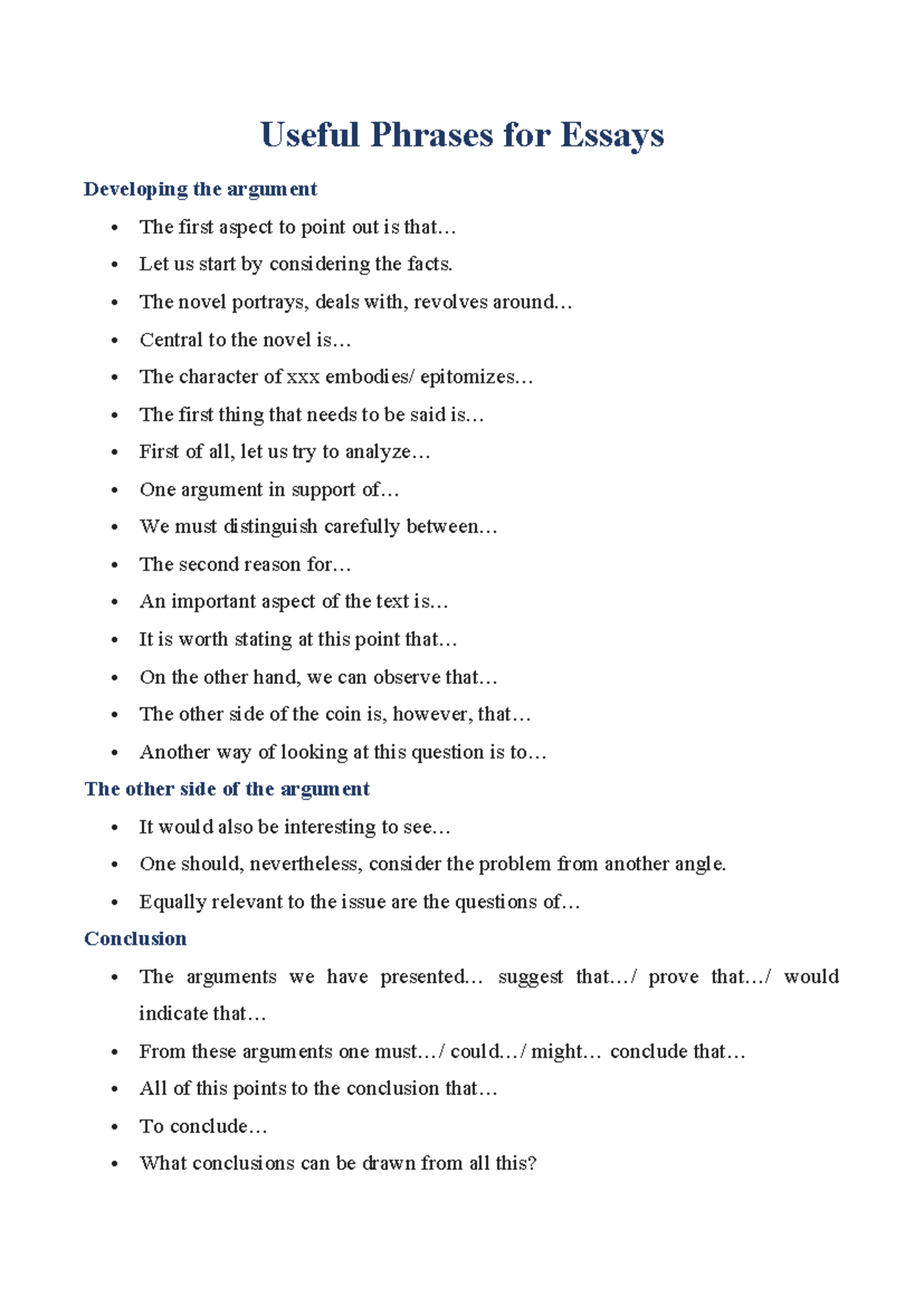 Useful Phrases for Essays - Useful Phrases for Essays Developing the ...