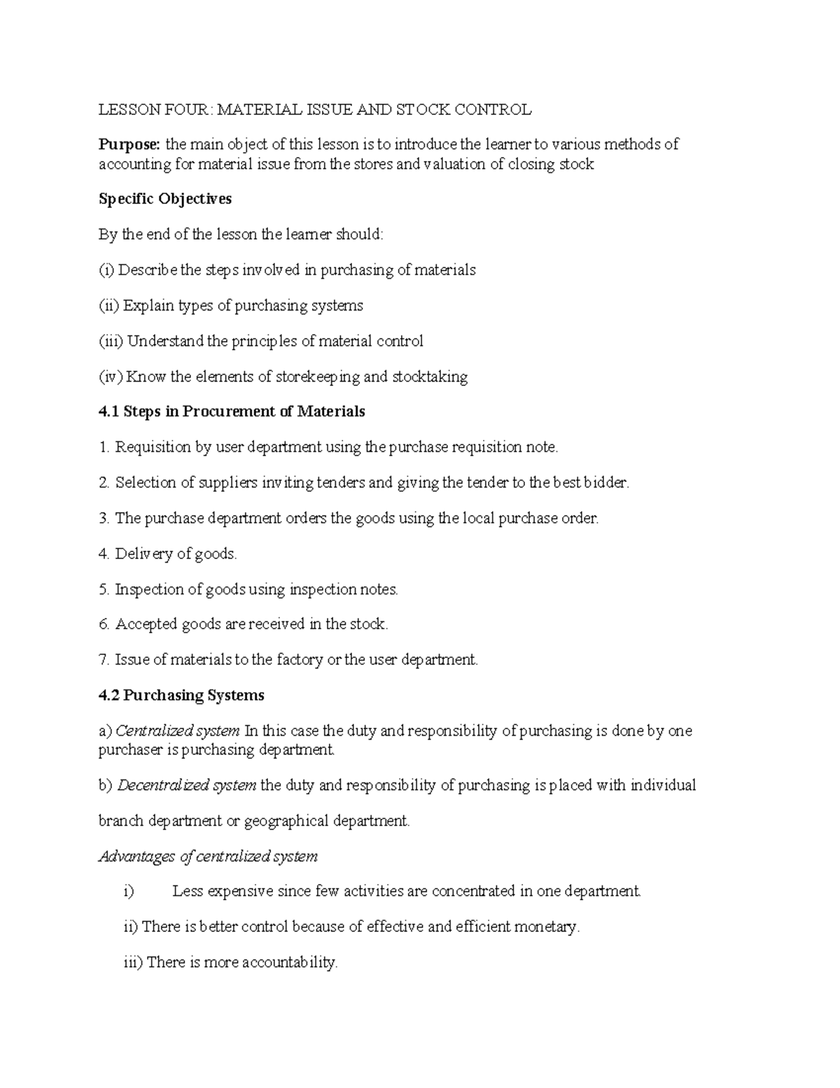 Material Costing: Stock Control & Procurement Methods - Lesson 4 - Studocu
