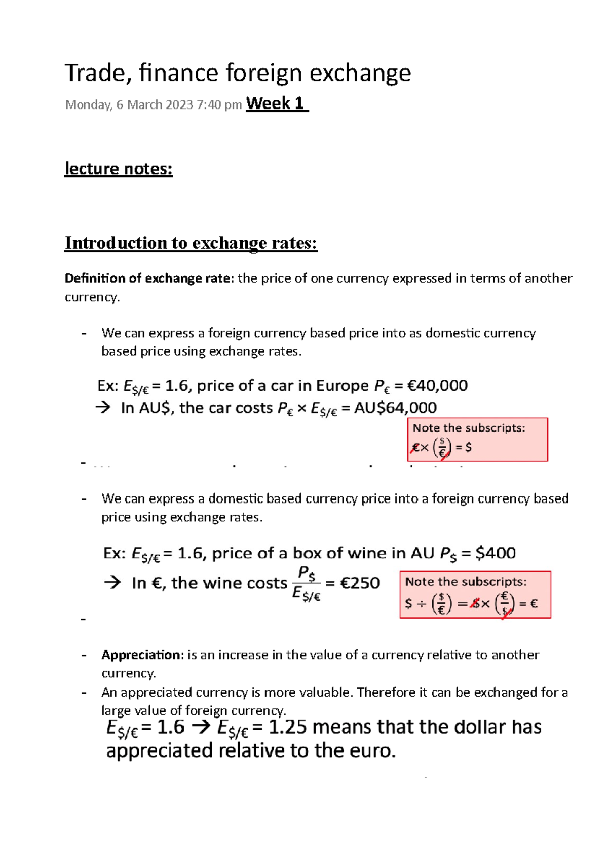 Trade and Finance: Foreign Exchange Lecture Notes (Week 1-4) - Studocu