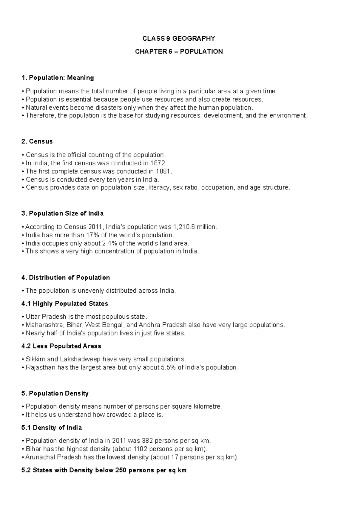 CLASS 9 GEOGRAPHY CHAPTER 6: POPULATION NOTES & EXERCISES - Studocu