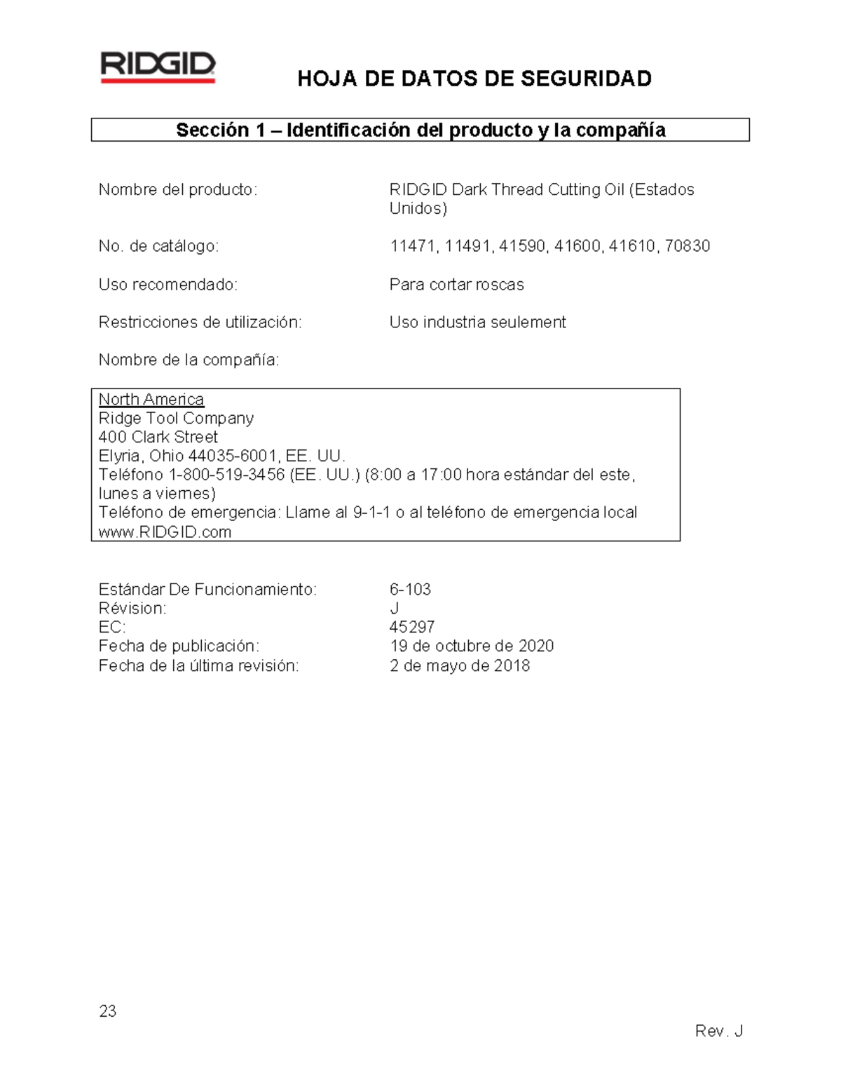 HDS 11471 - Seguridad y Manejo del RIDGID Dark Thread Cutting Oil - Studocu