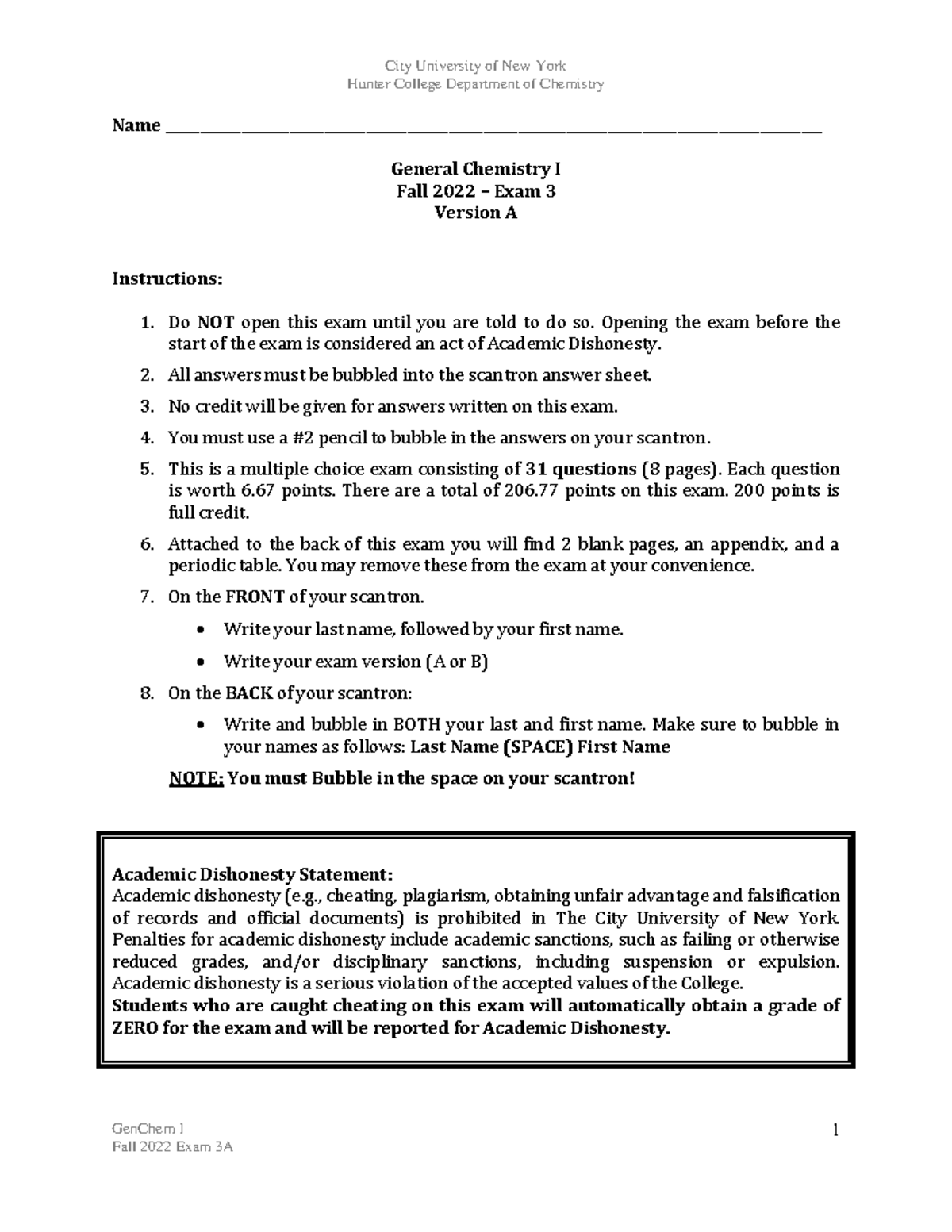 GenChem I - Chemistry Exam 3 Practice - Fall 2022 - Studocu