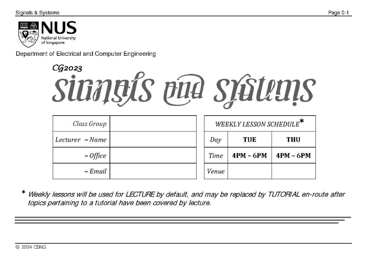 2024 CSNG Signals and Systems: Weekly Lesson Schedule and Topics - Studocu
