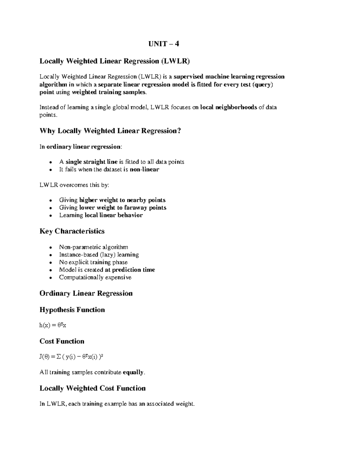 ML - Unit 4: Locally Weighted Linear Regression & RBF Networks Notes ...