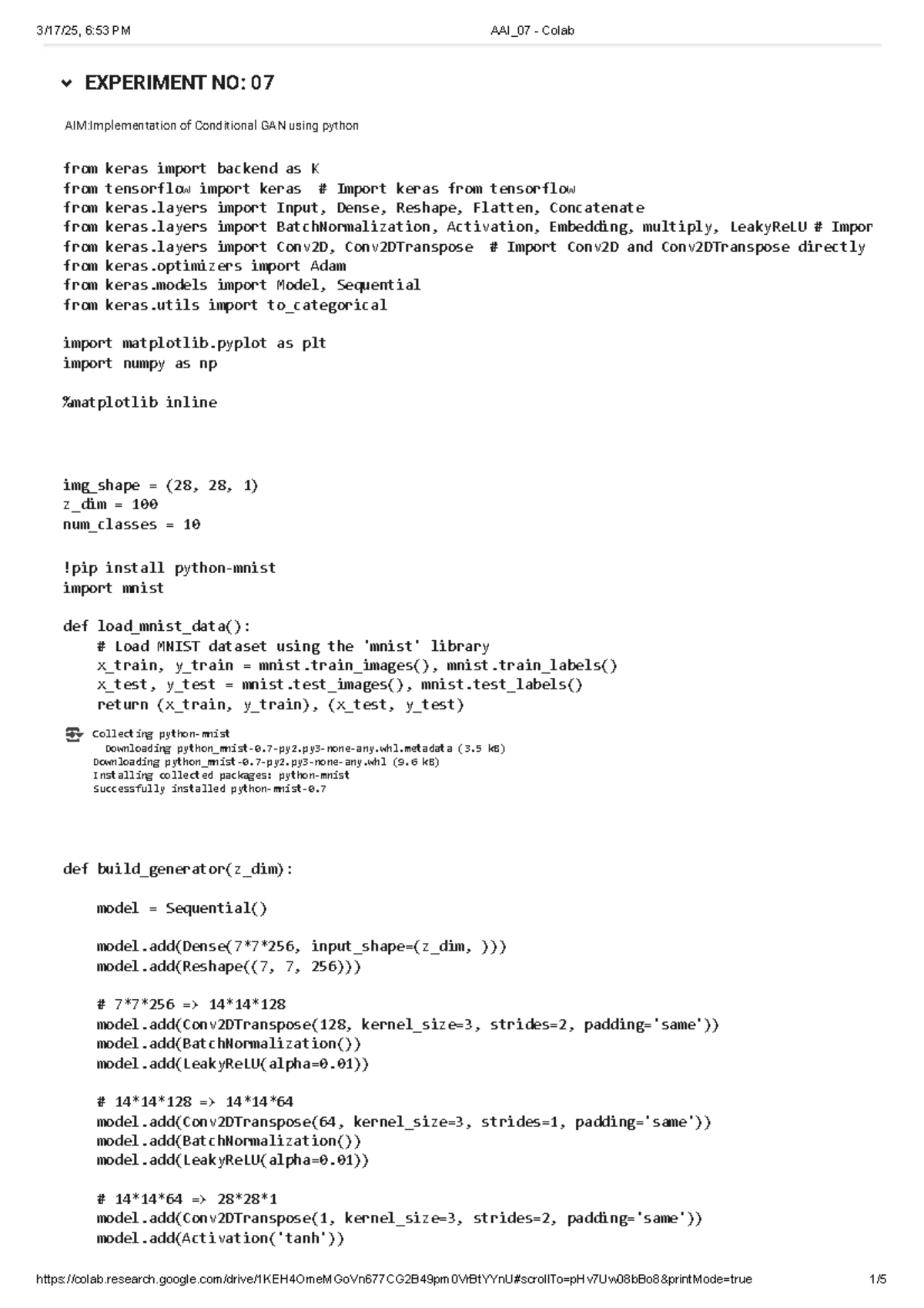 AAI_07 Final Exam: Implementing Conditional GAN with Keras in Python ...