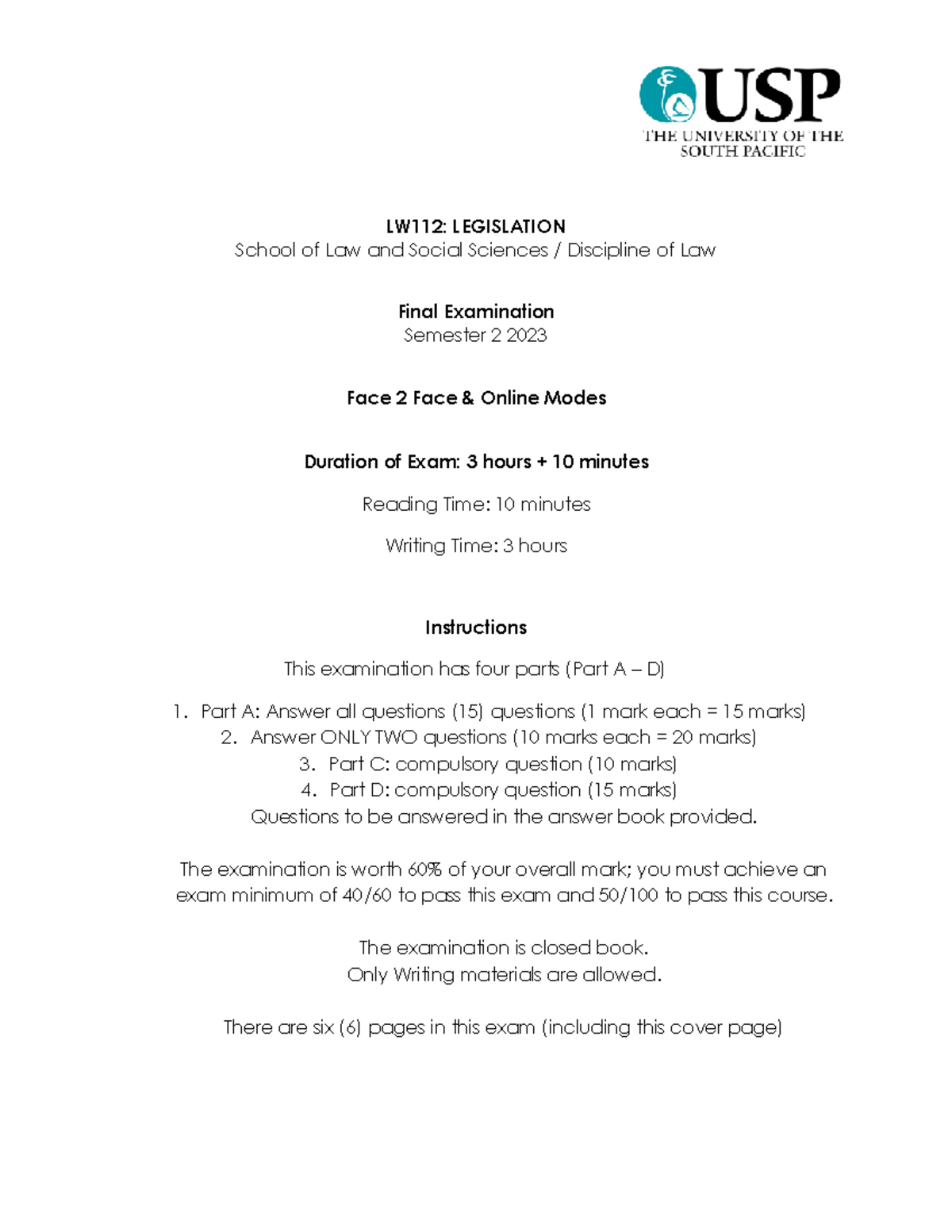 LW112 Final Exam Paper: Legislation S2 2023 - Oct 5, 2023 - Studocu