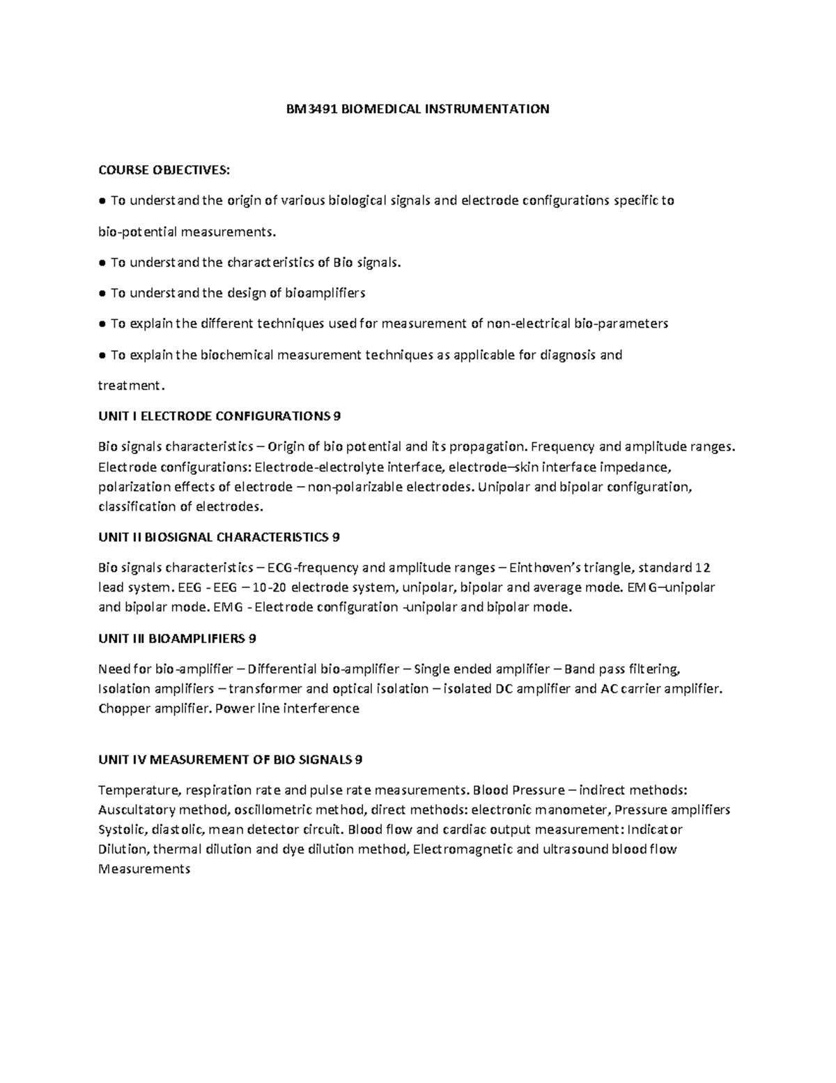 BM3491 Biomedical Instrumentation Syllabus Overview - Studocu