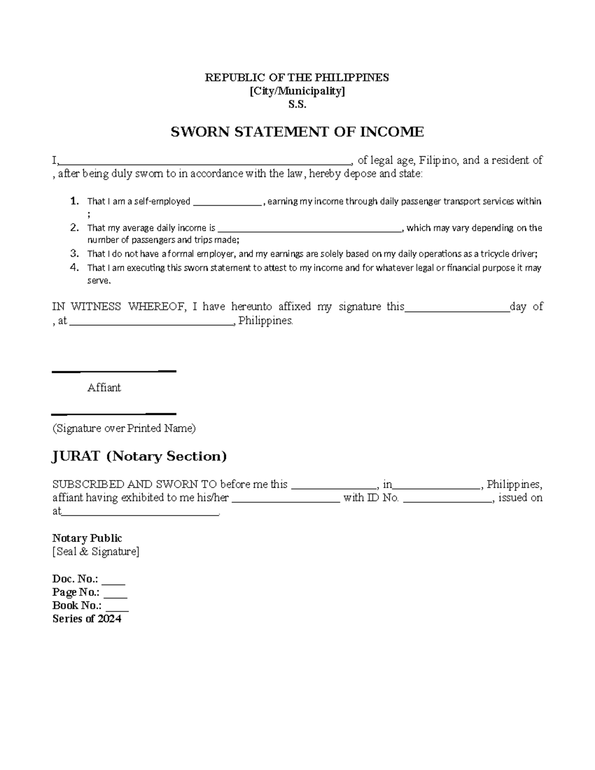 Sworn Statement of Income - Self-Employed Tricycle Driver in the ...