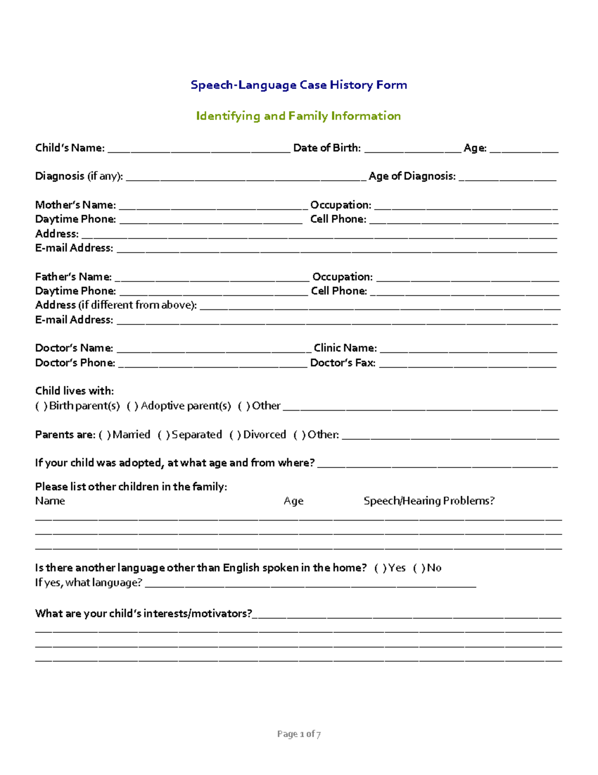 Pediatric Intake Form: Family & Developmental History - Studocu