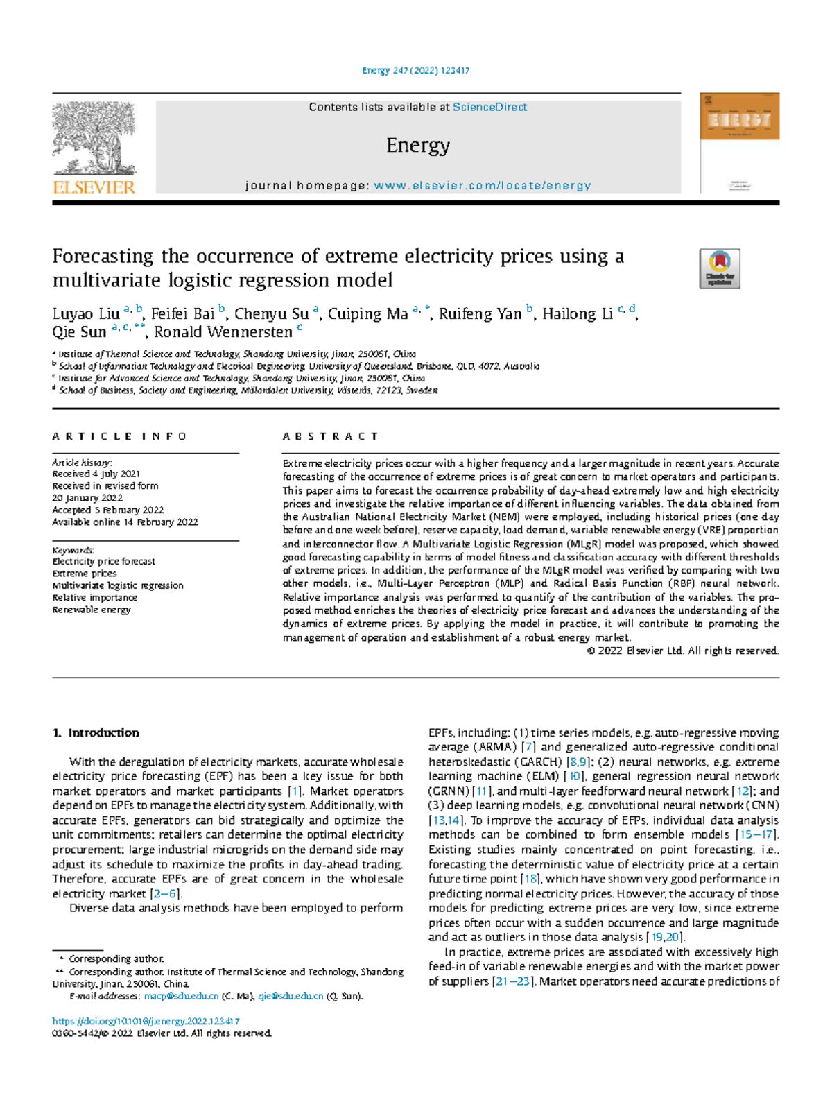 Forecasting Extreme Electricity Prices: A Multivariate Logistic ...